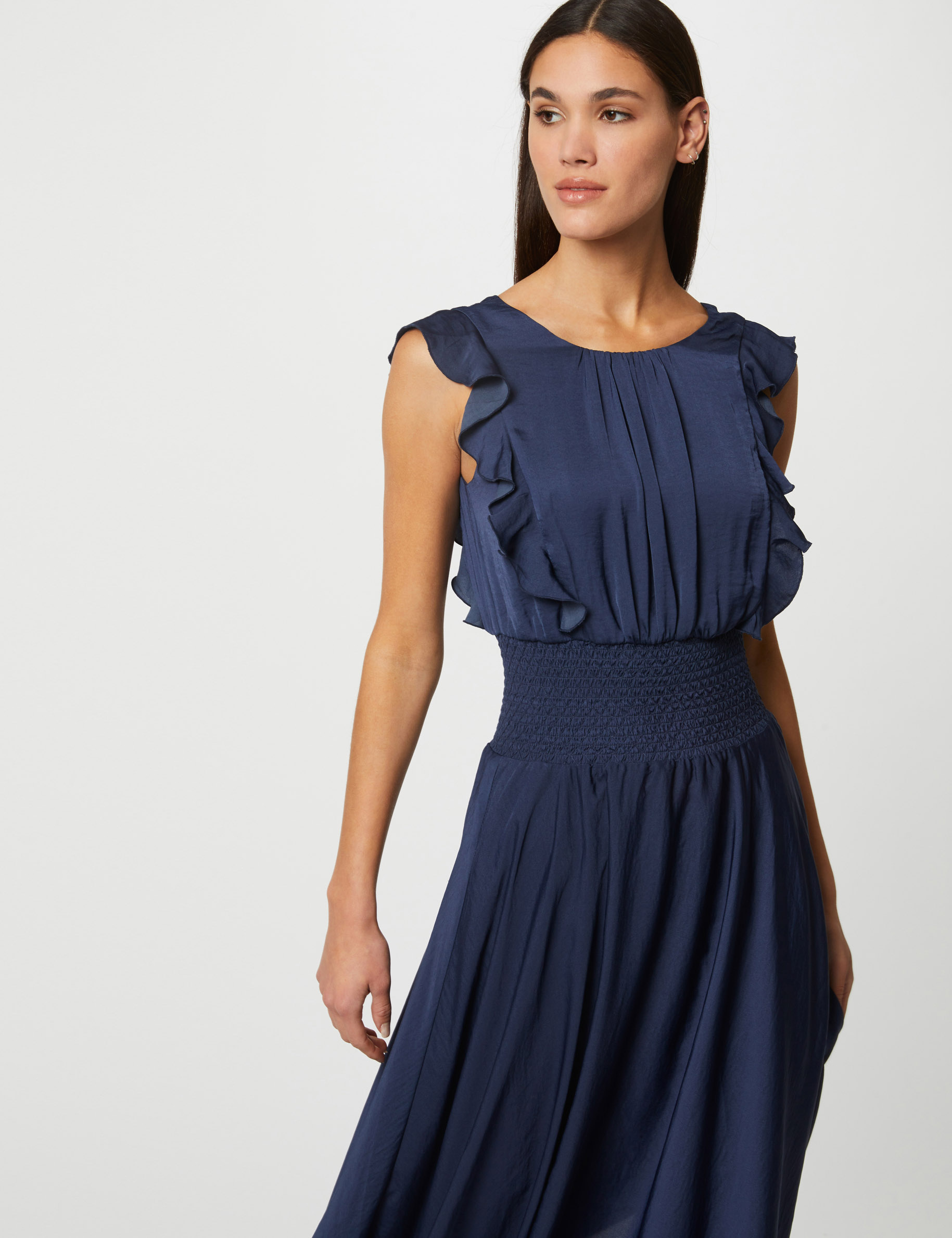 Maxi A-line dress with smocked waist indigo ladies'