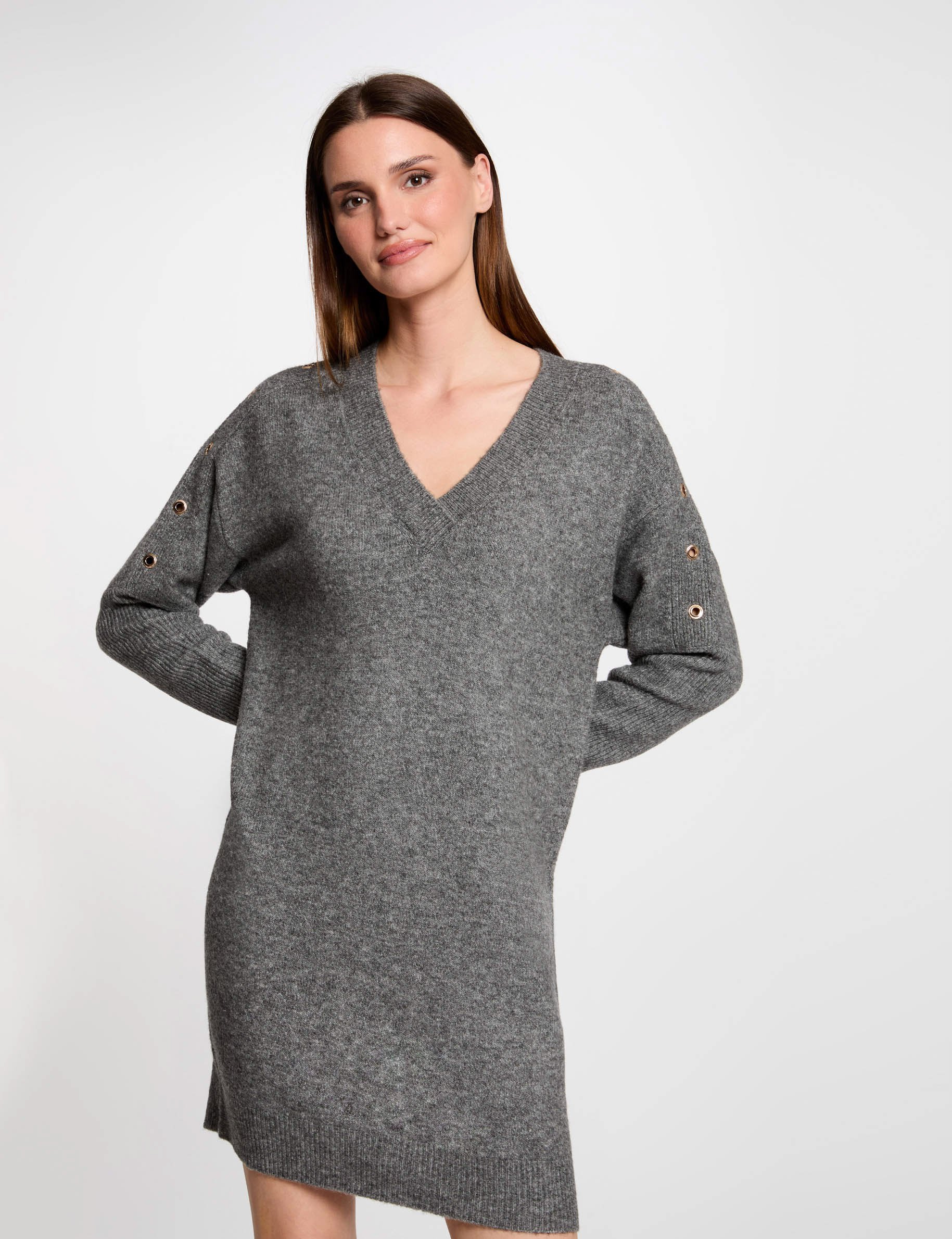 robe tricot droite a oeillets gris anthracite femme Robe tricot droite à oeillets gris anthracite femme