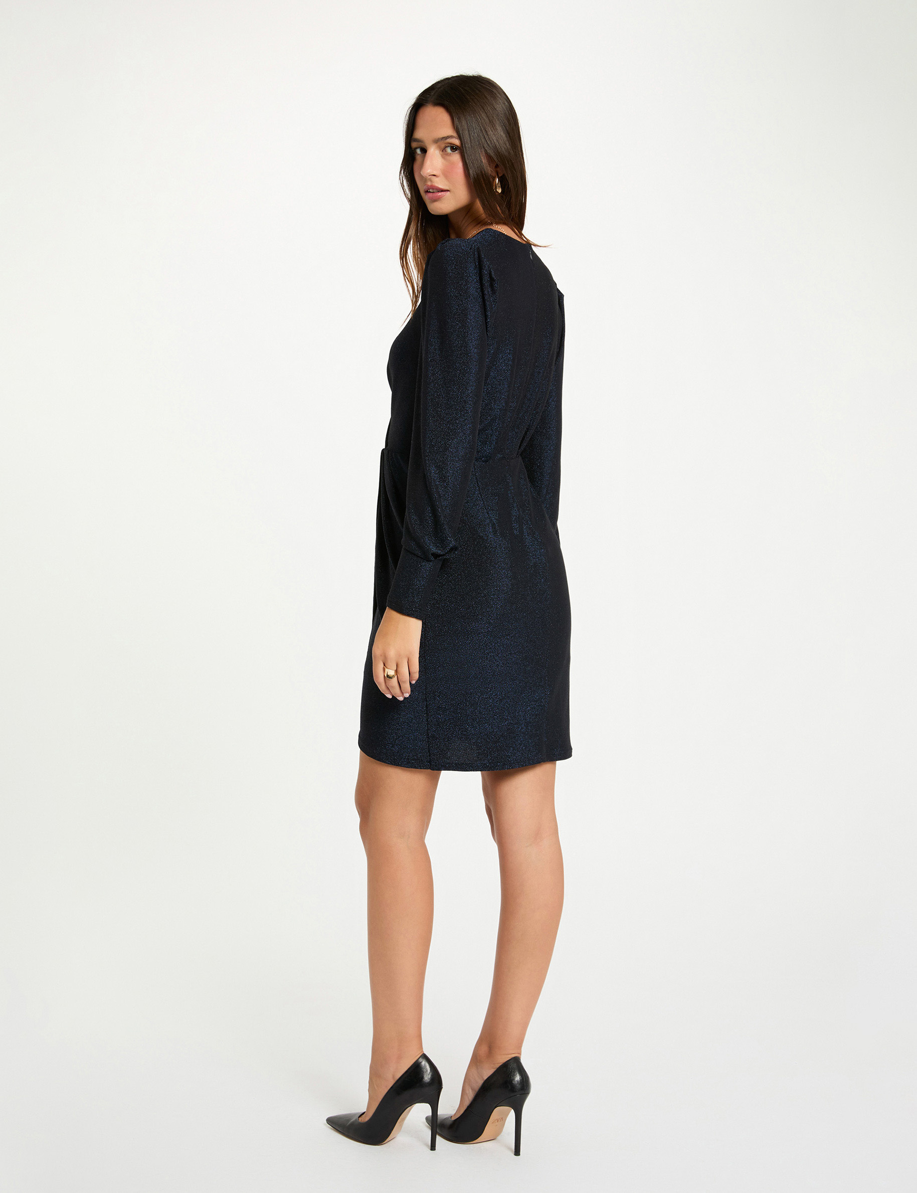 Fitted draped dress metallised threads navy blue women