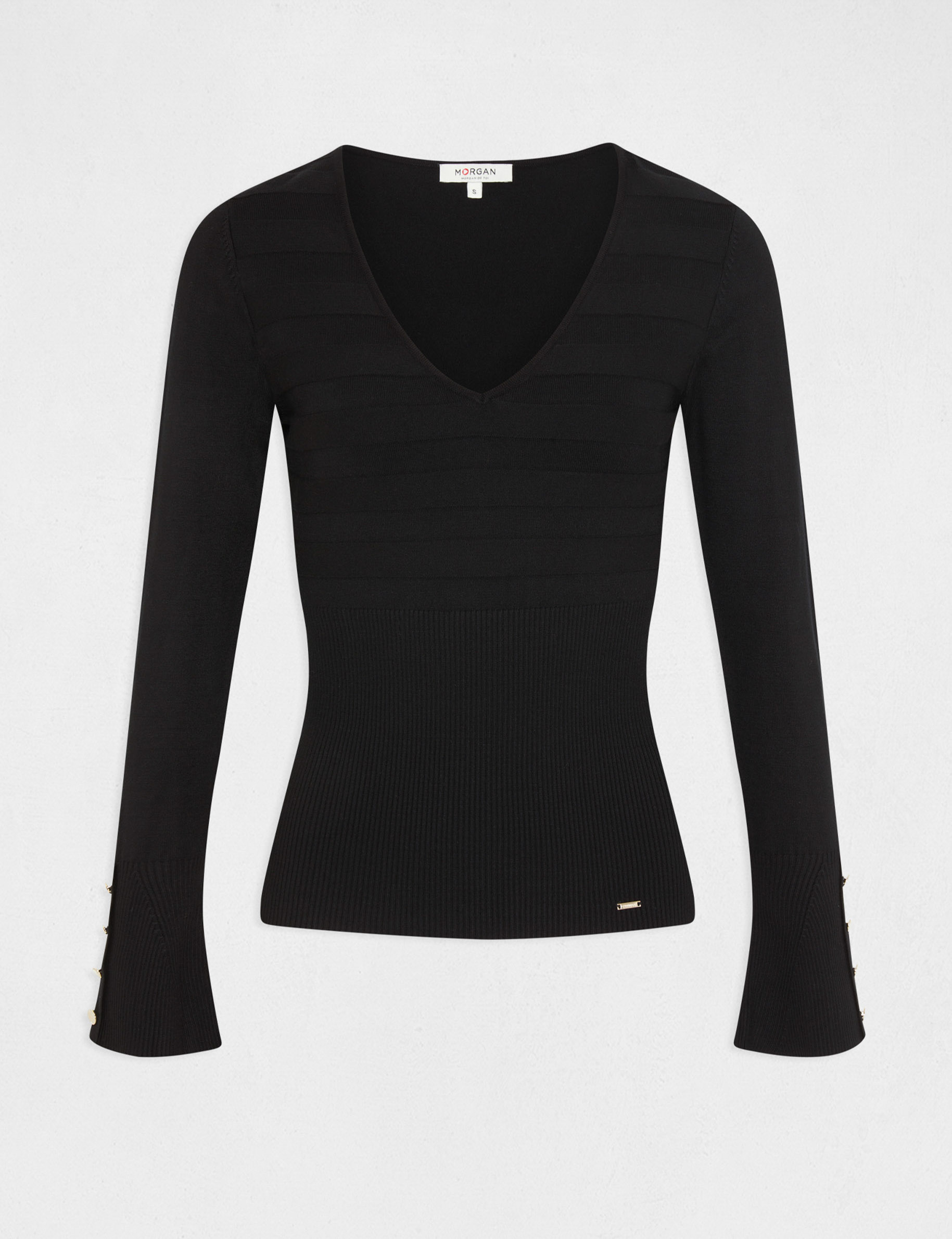 Pull manches longues avec col en V noir femme