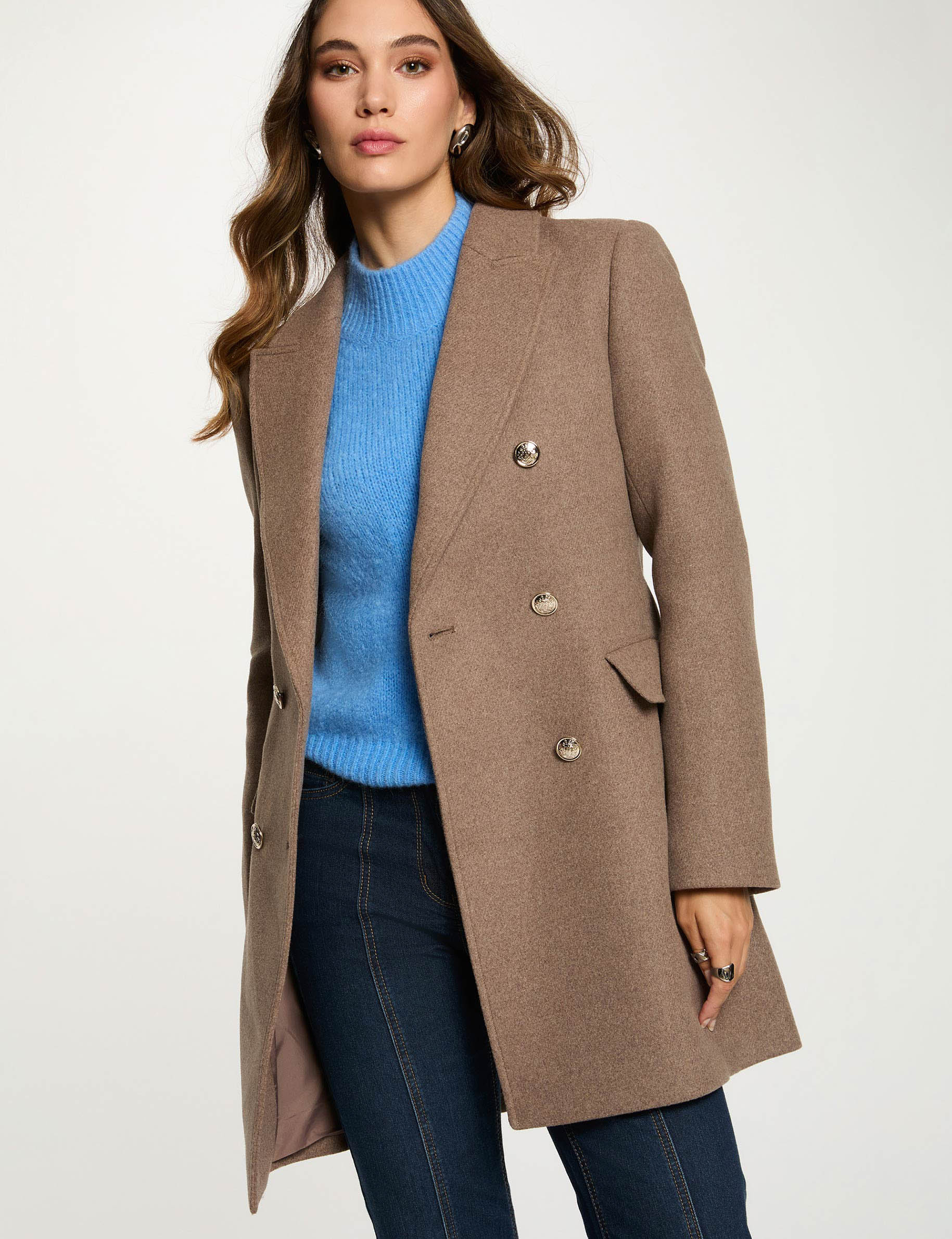 mi length coat with buttons taupe women Mi-length coat with buttons taupe women