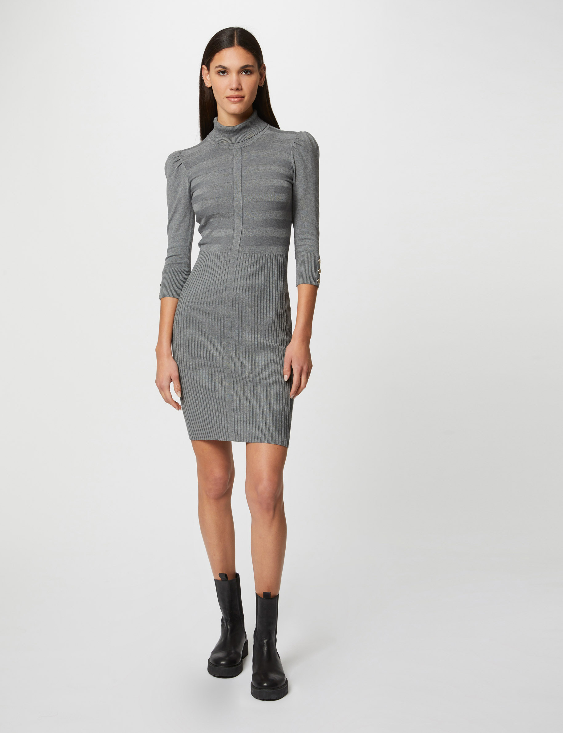 Fitted jumper dress with turtleneck dark grey women
