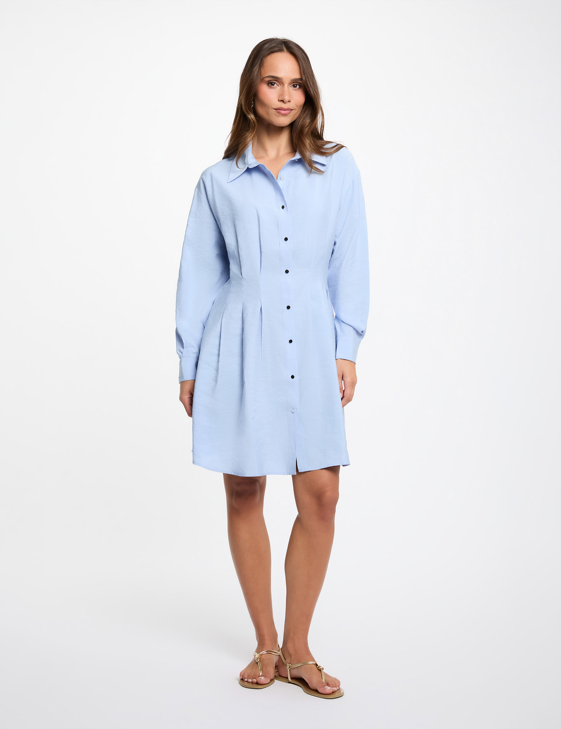 Pleated waist shirt dress sky blue women