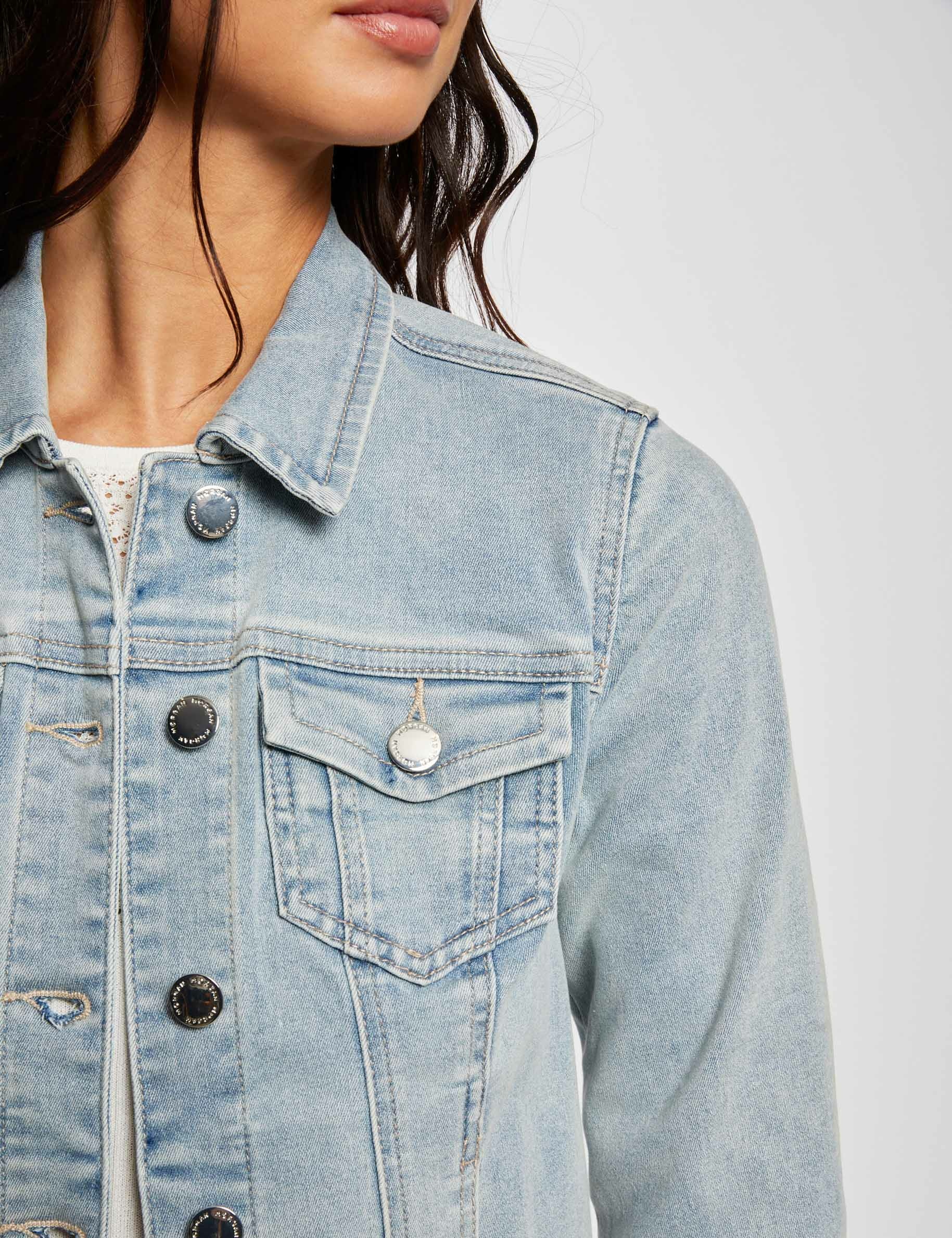 Straight buttoned denim jacket jean bleached ladies'