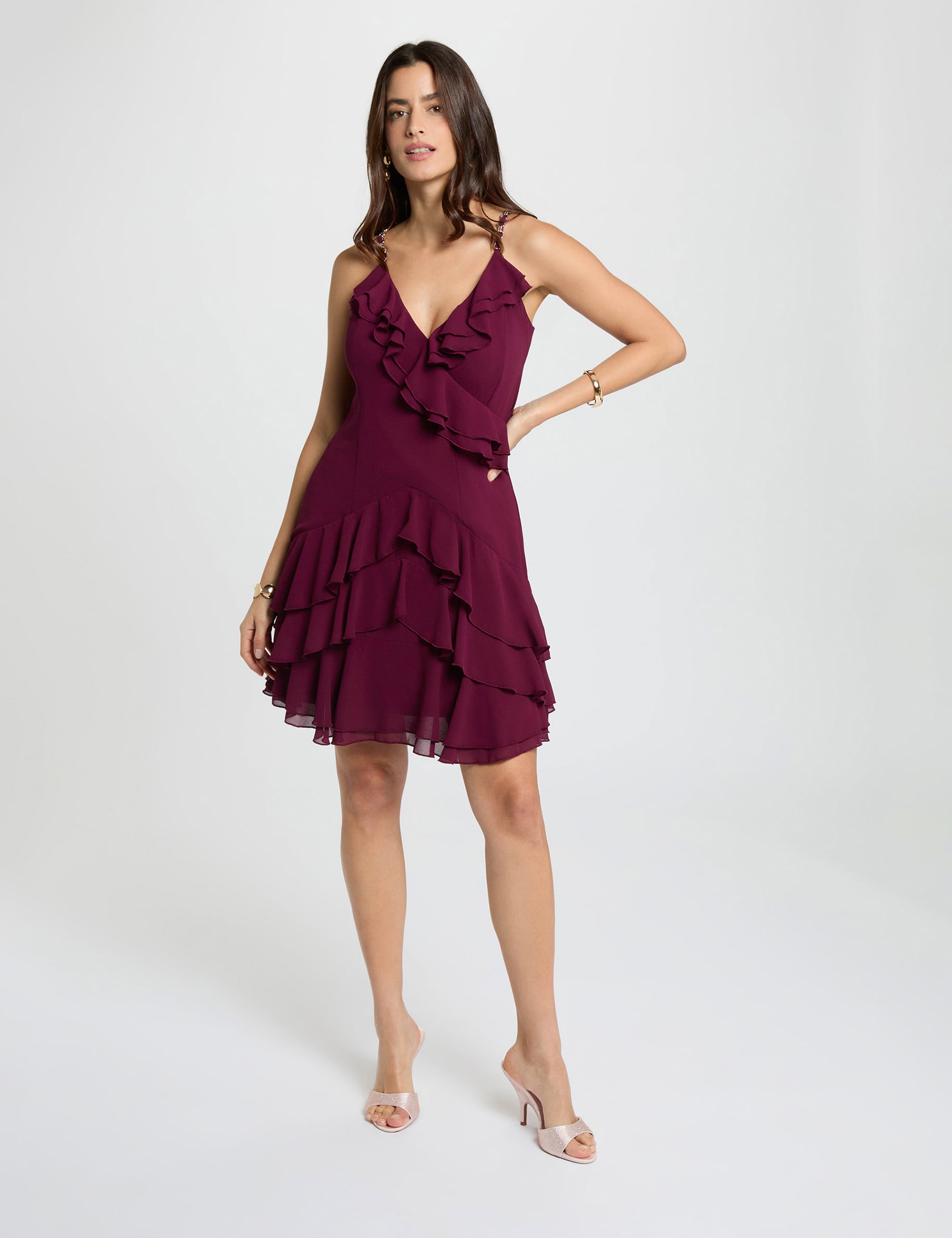 Short dress with V-neck plum women