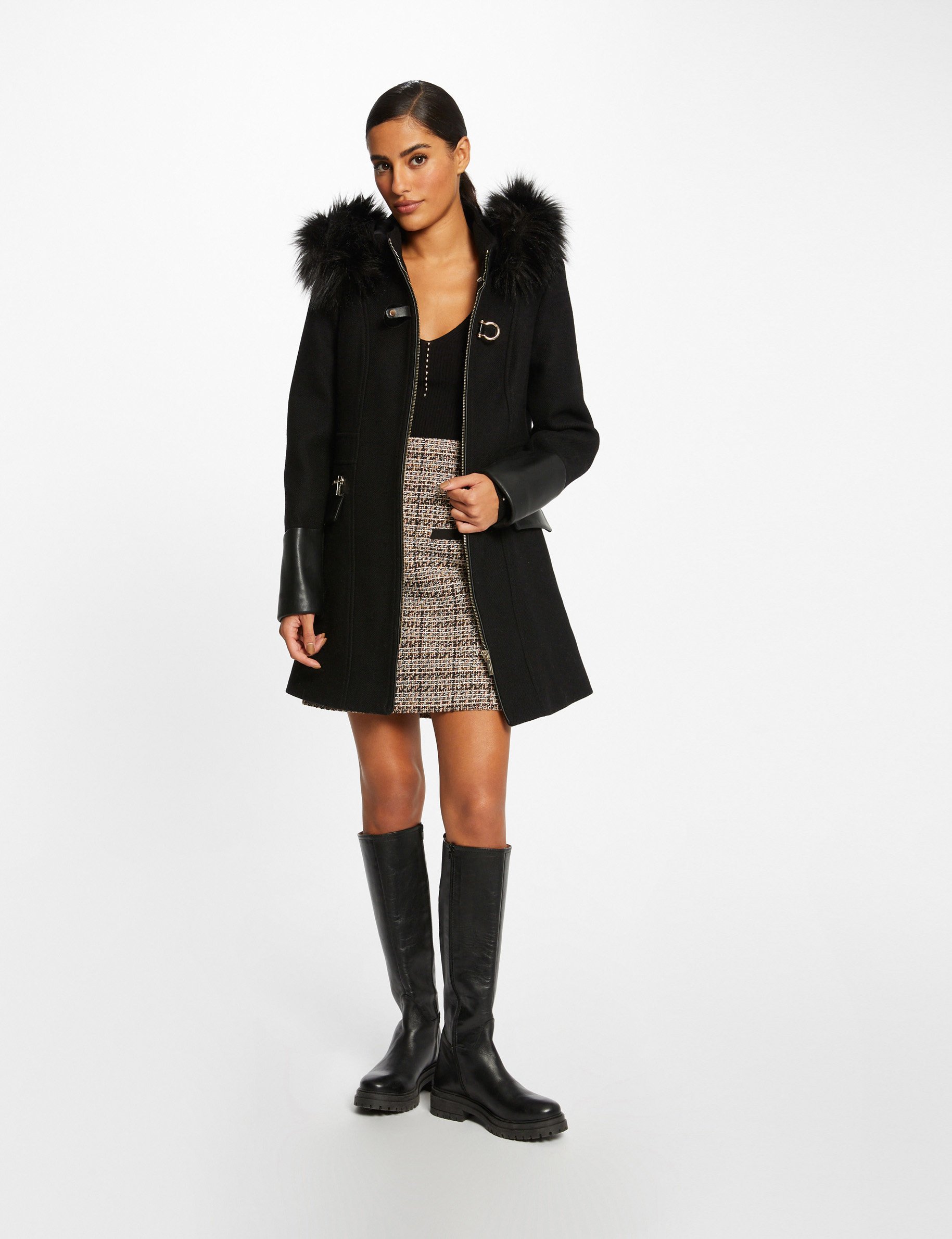 Straight zipped coat with hood black ladies'