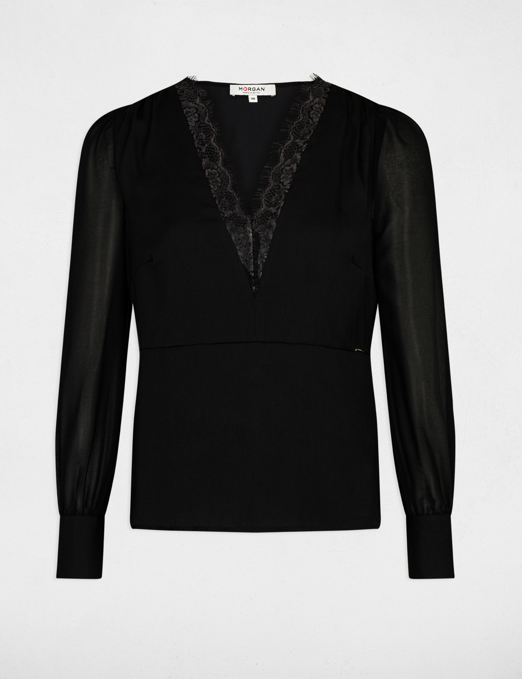 Satin long-sleeved t-shirt with lace black ladies'