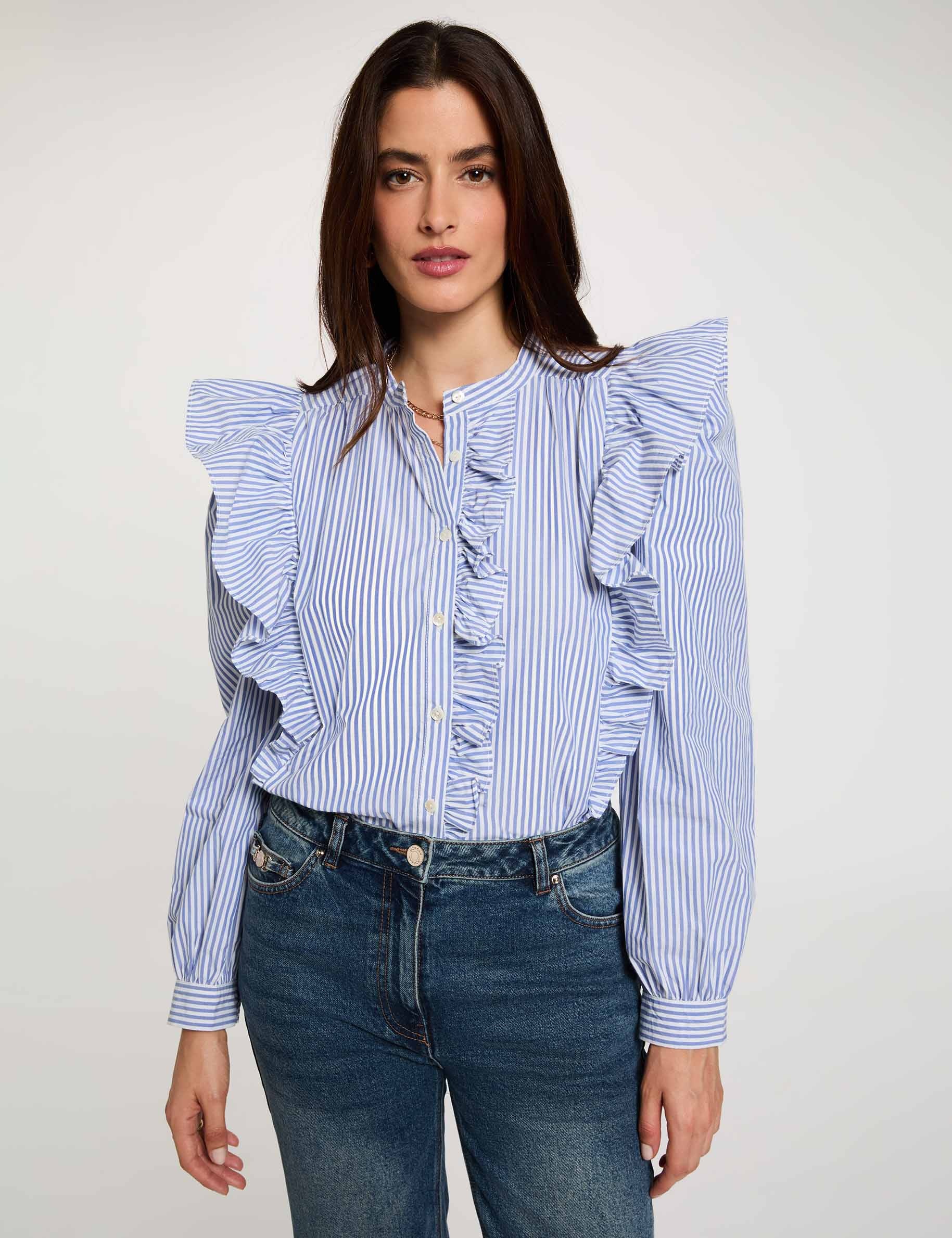 Striped shirt with mandarin collar sky blue women
