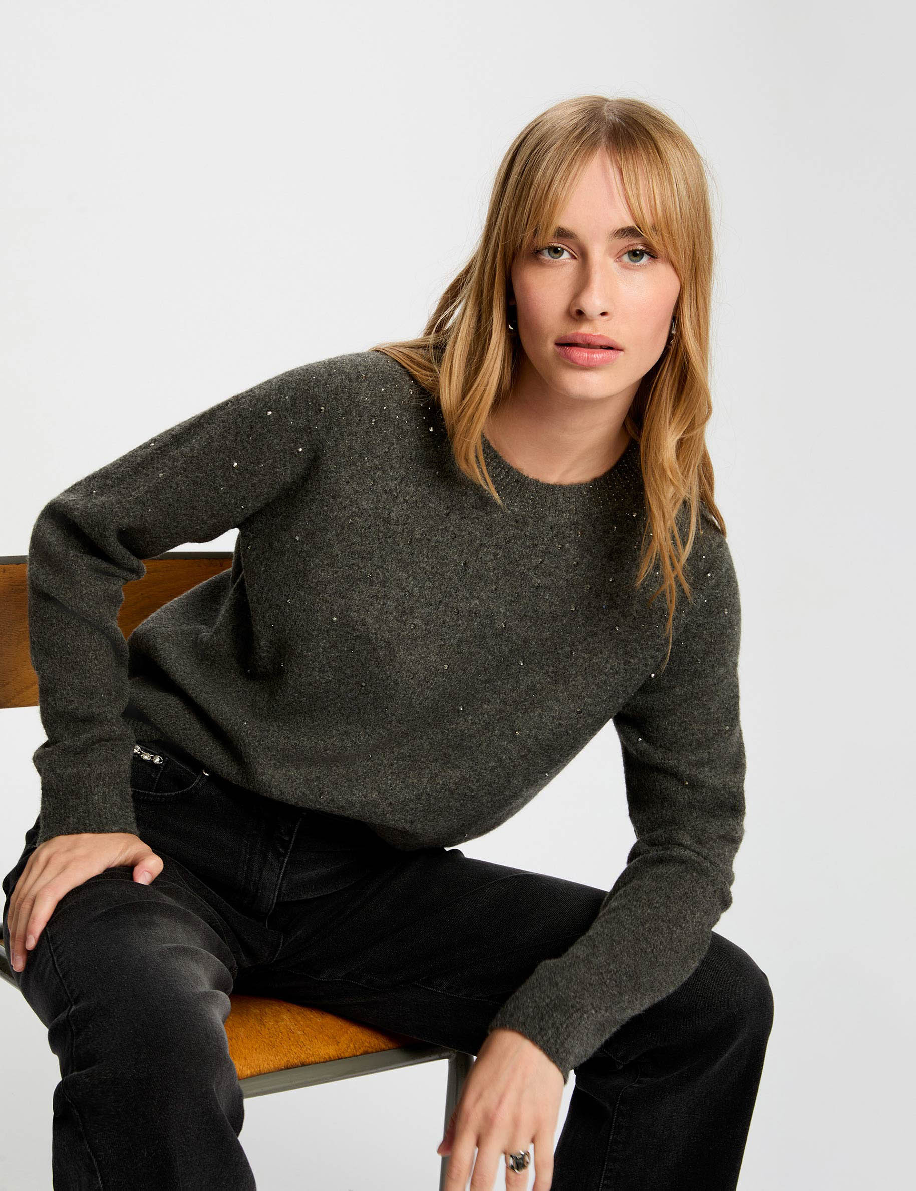 fitted sweater with rhinestones dark grey women Fitted sweater with rhinestones dark grey women