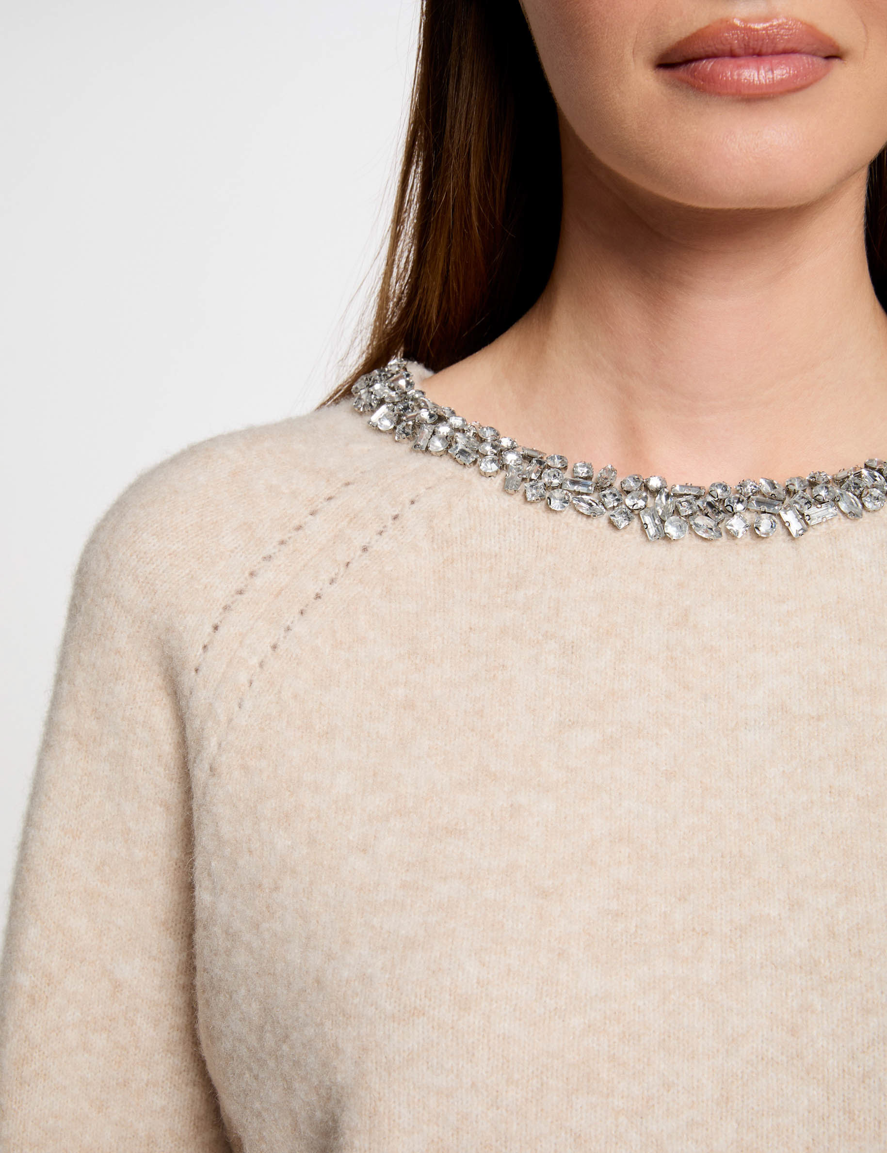 jumper neck jewelled details beige women Jumper neck jewelled details beige women