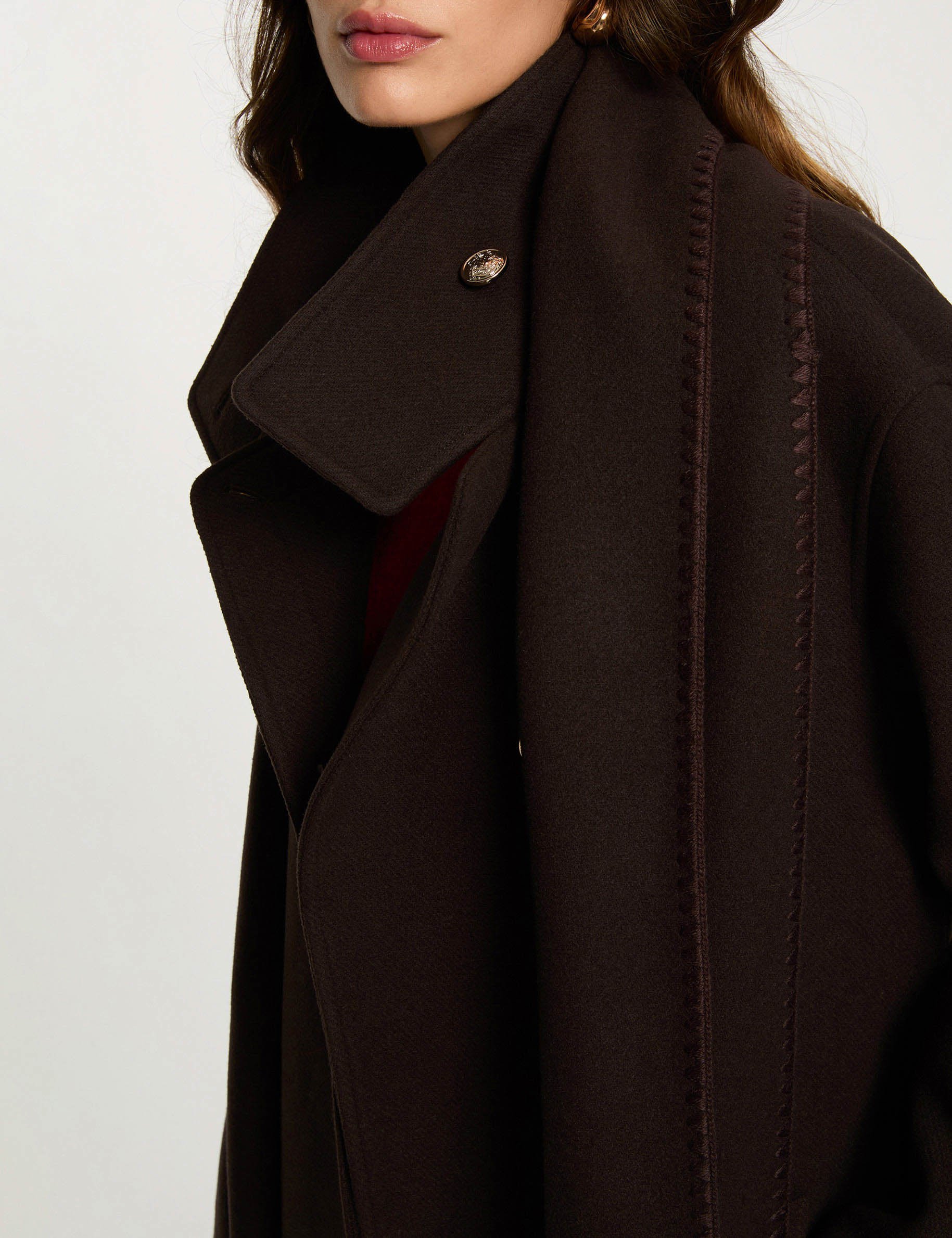 Long coat with high neck dark brown women