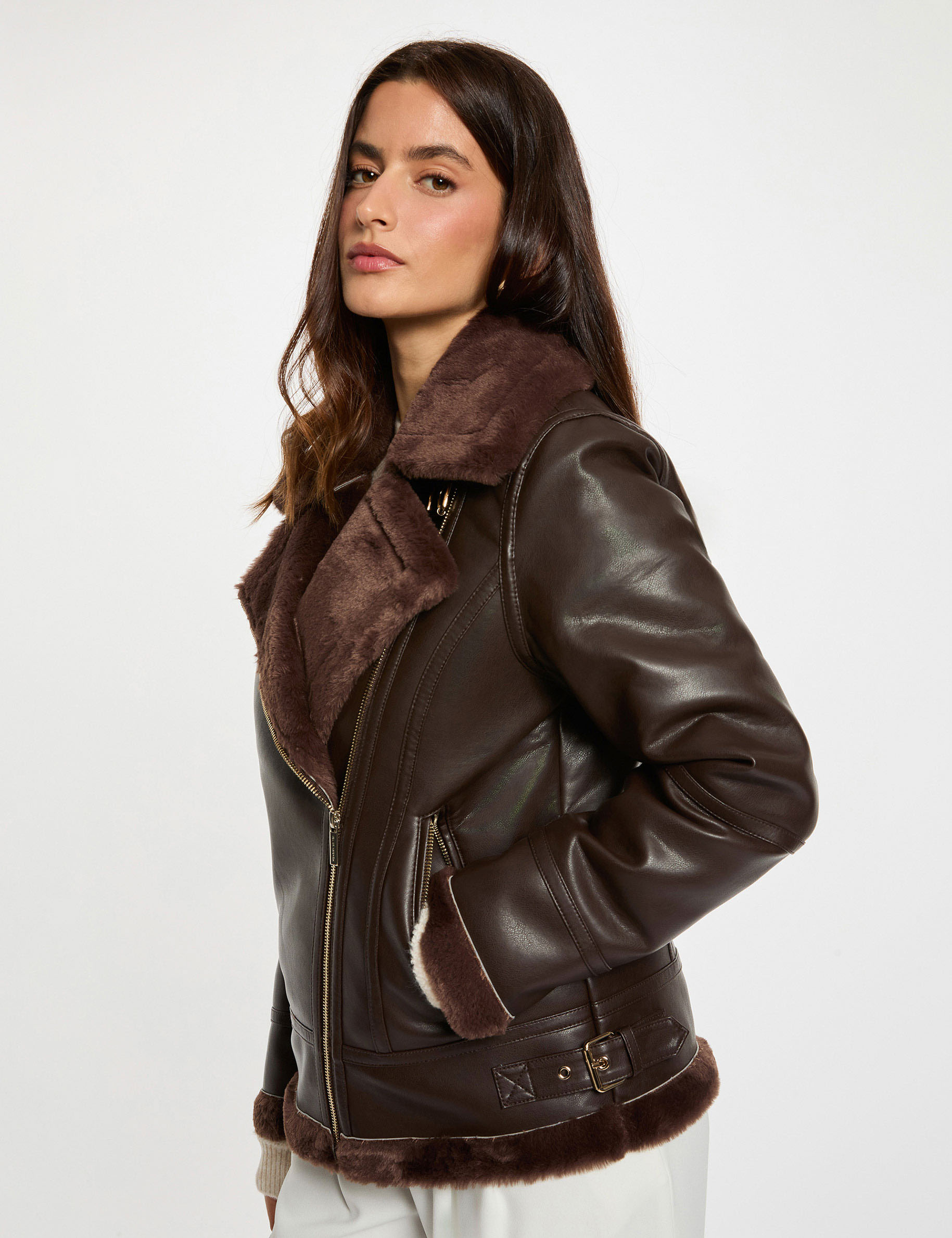Oversized faux leather jacket dark brown women