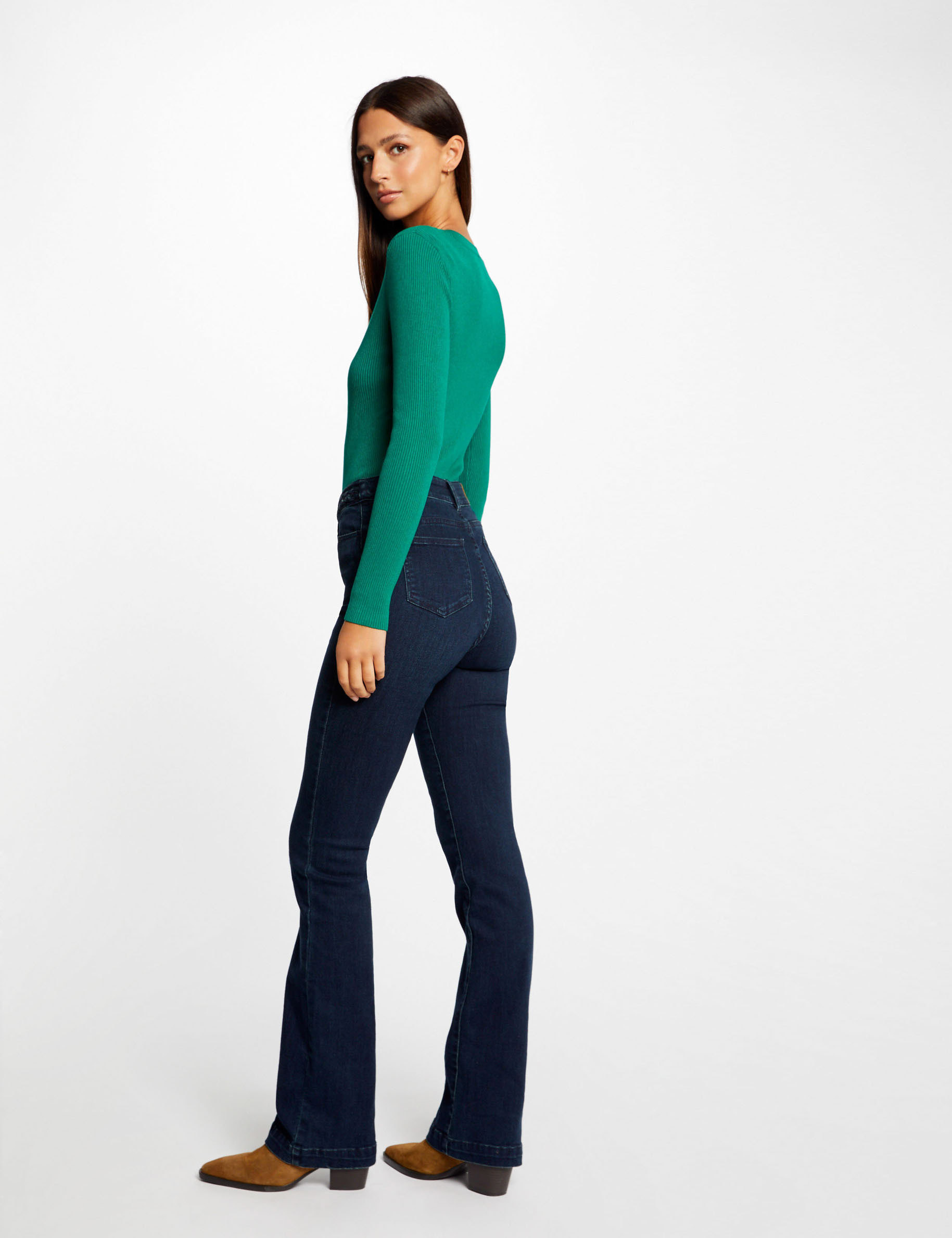 Long-sleeved jumper buttons fine knit green ladies'