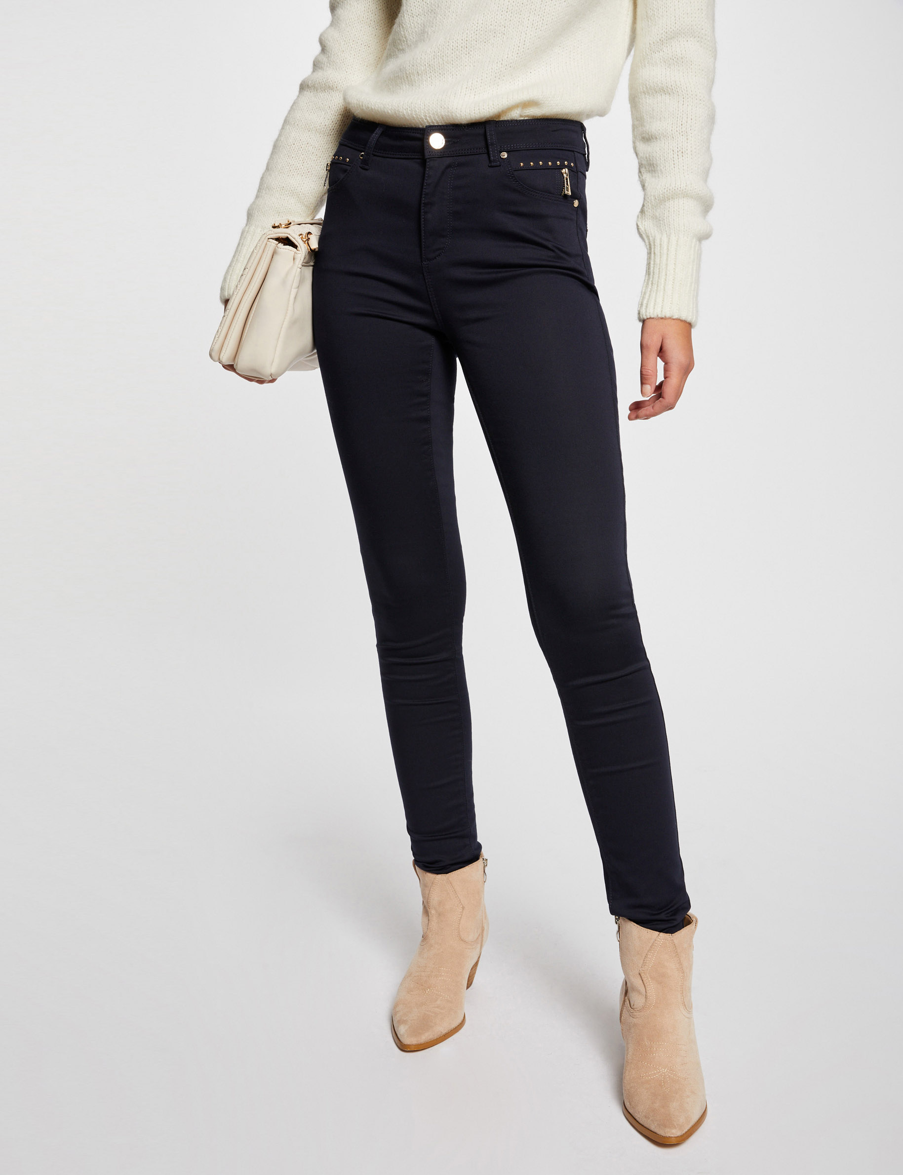 Skinny trousers with satin effect navy ladies'