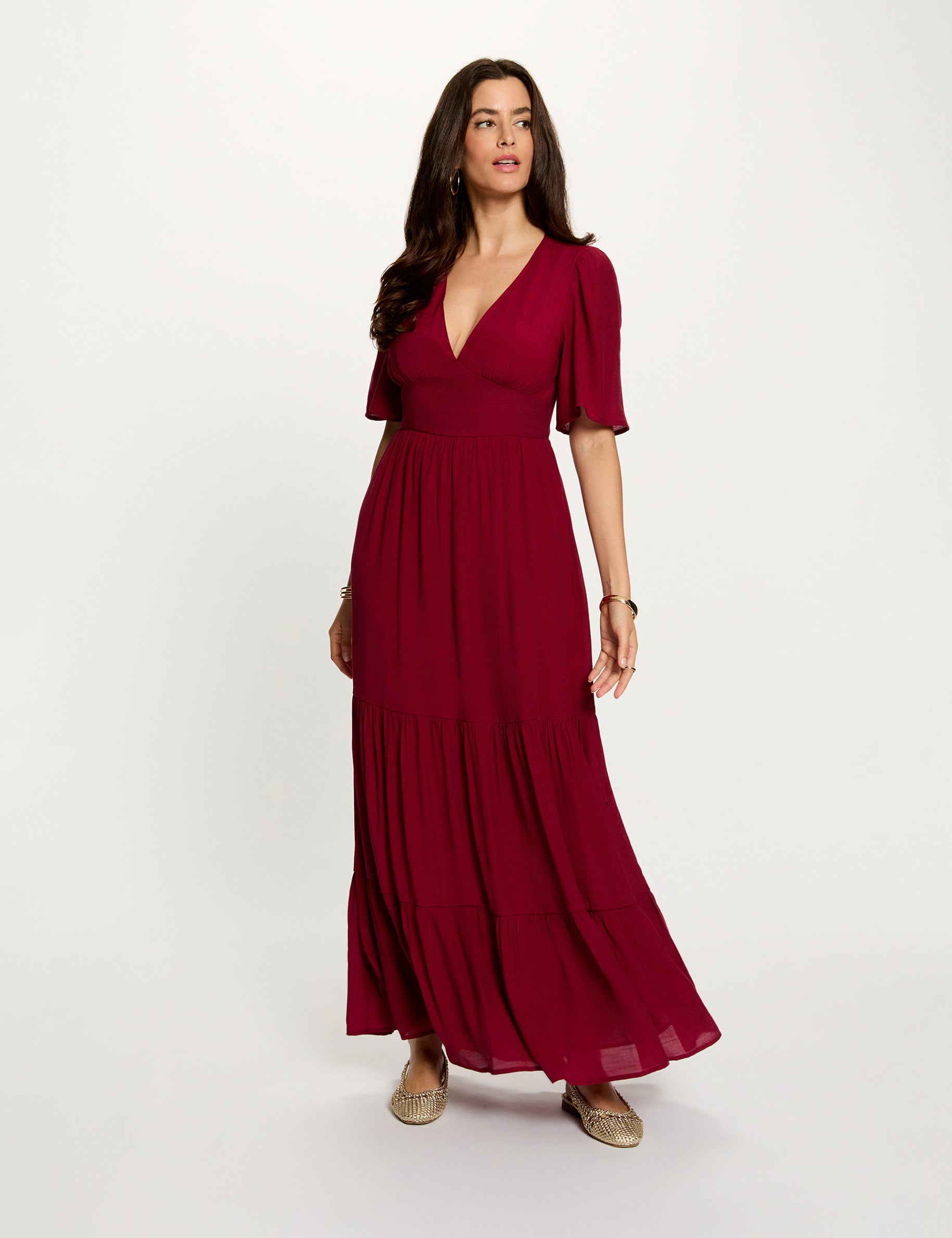 Long dress with V-neck bordeaux women