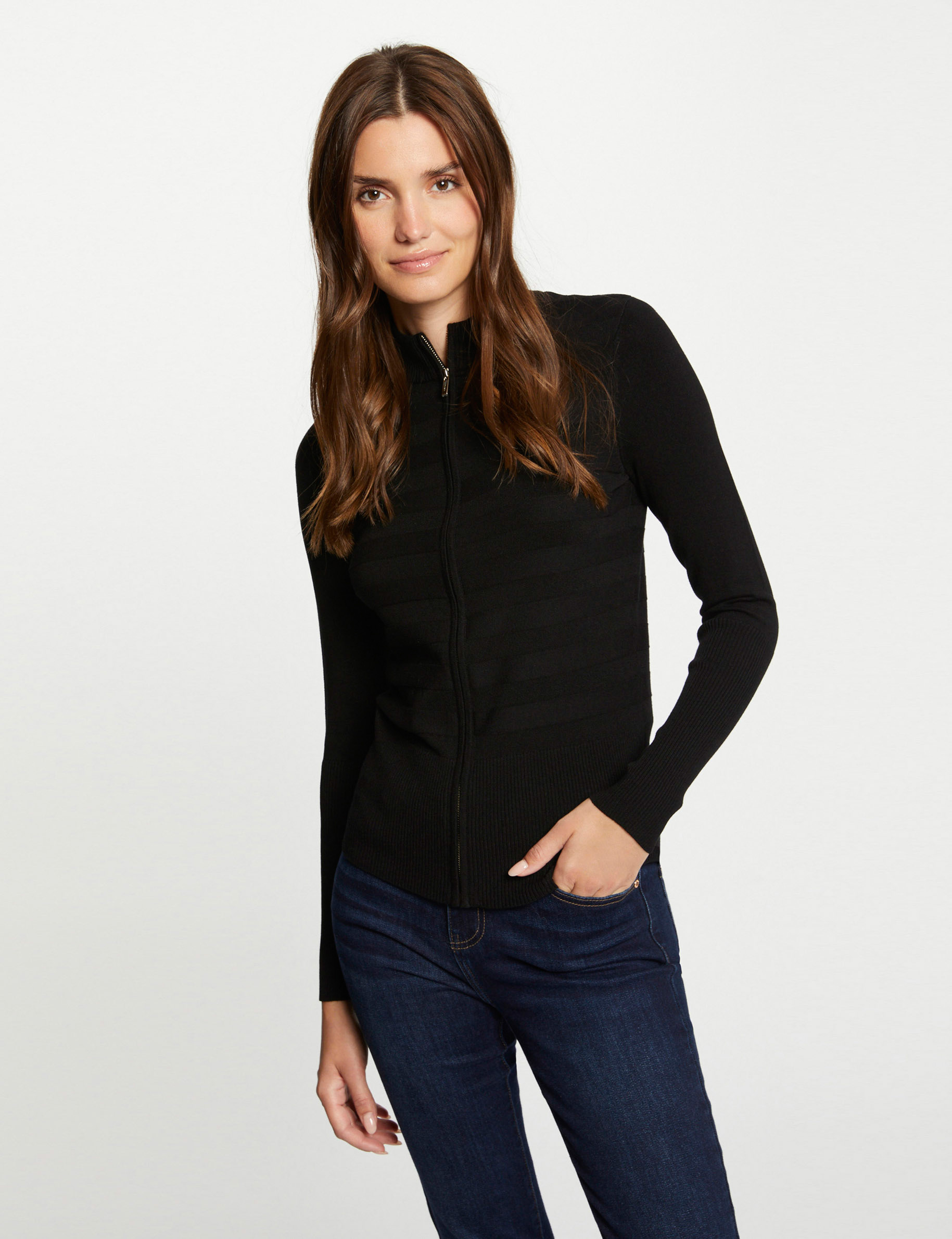 Long-sleeved zipped cardigan black ladies'