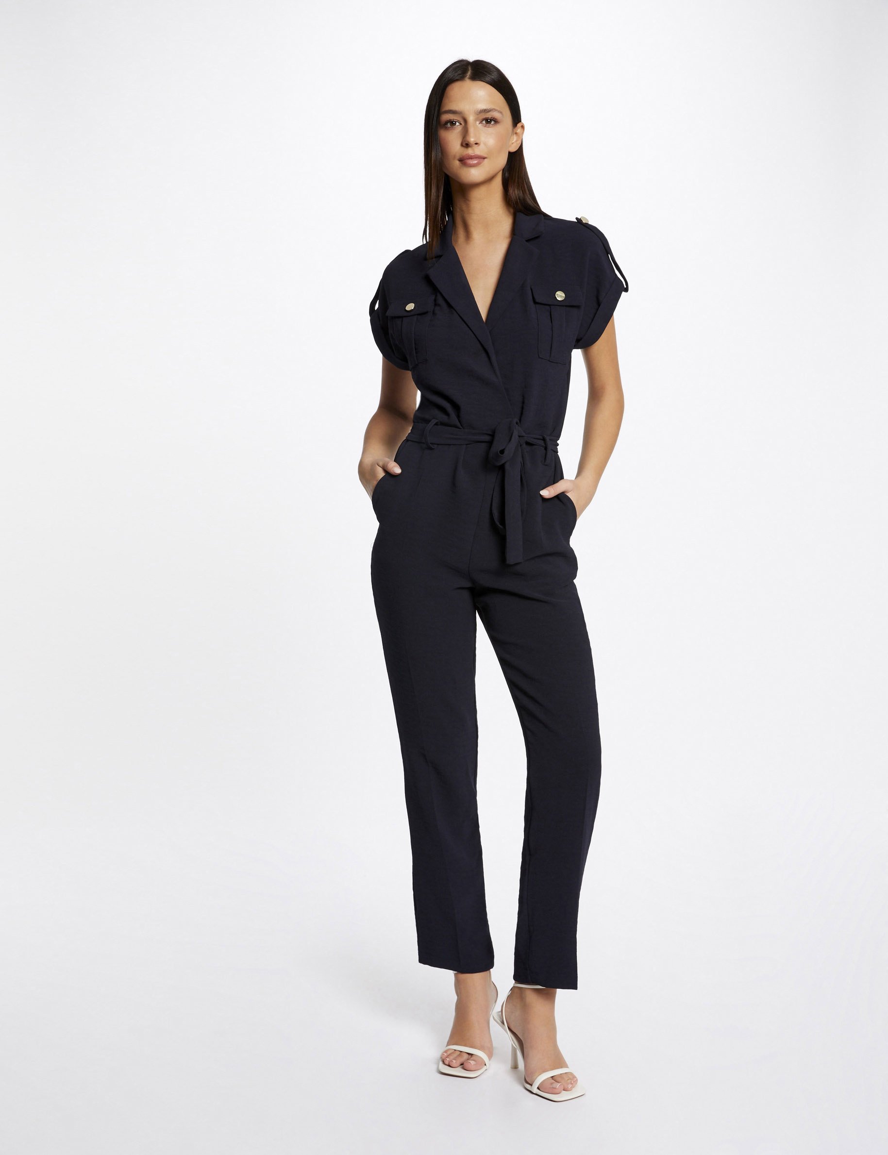 Straight belted jumpsuit navy ladies'