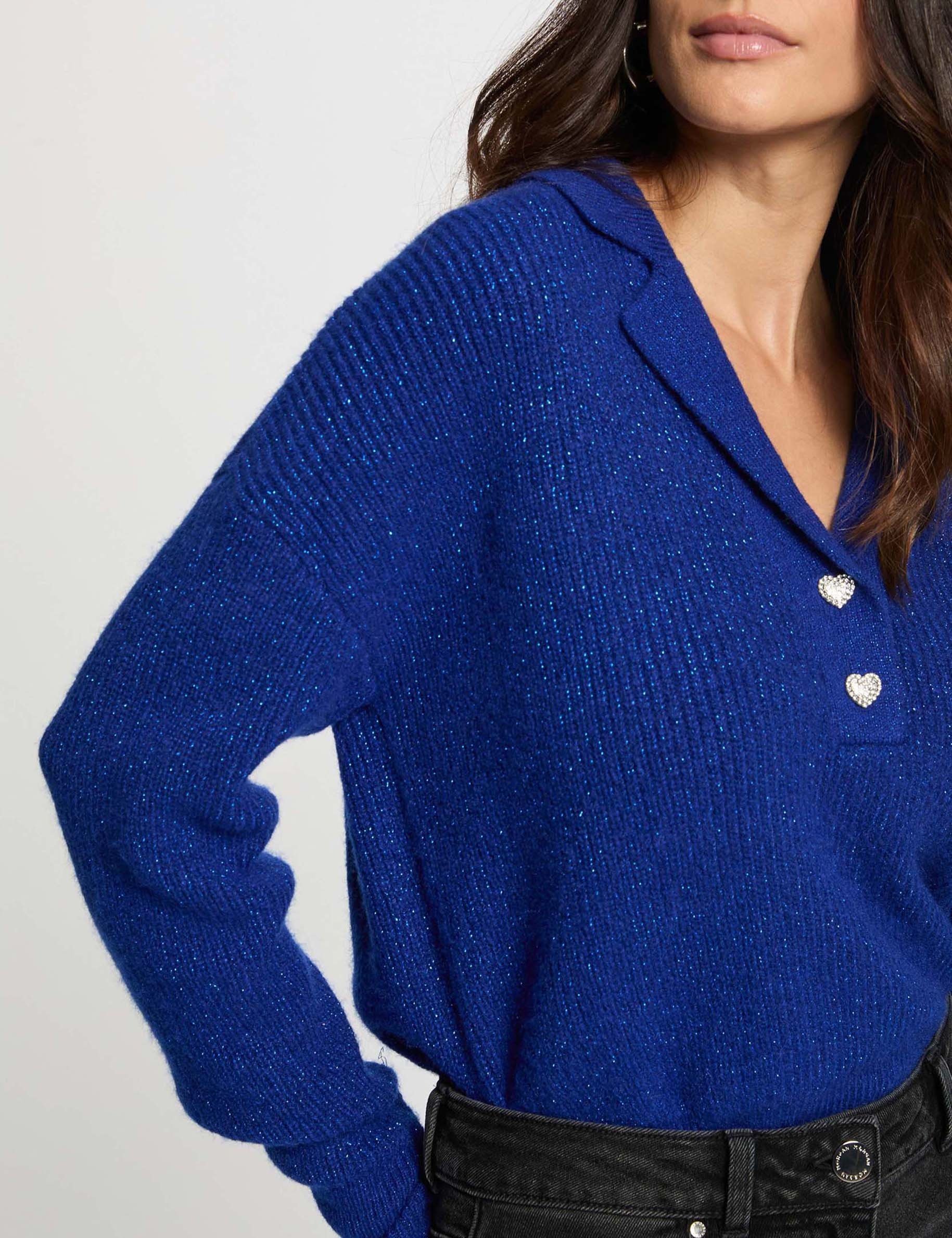 cropped sweater with notched collar petroleum blue women Cropped sweater with notched collar petroleum blue women