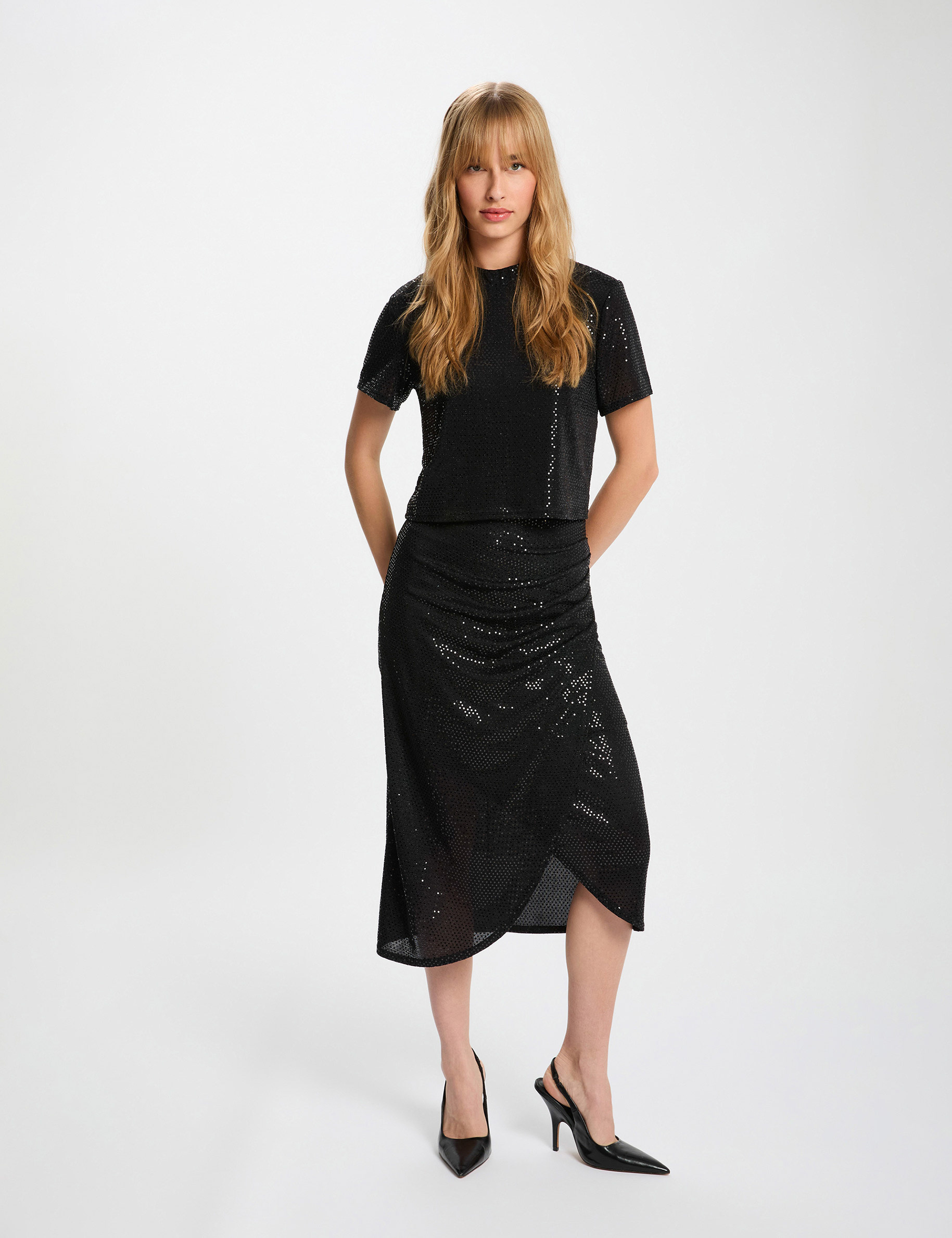 High neck sequin t-shirt black women