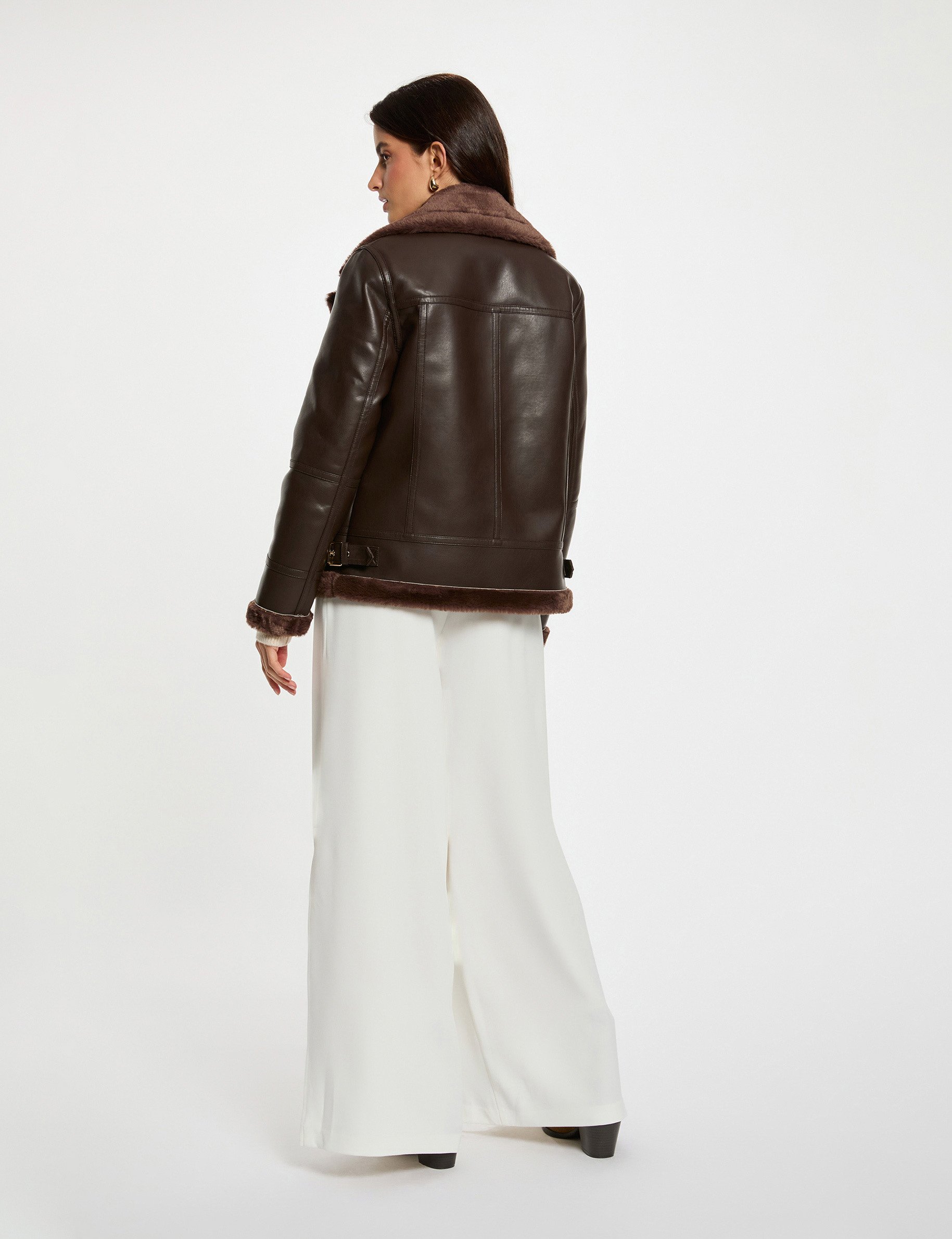 Oversized faux leather jacket dark brown women