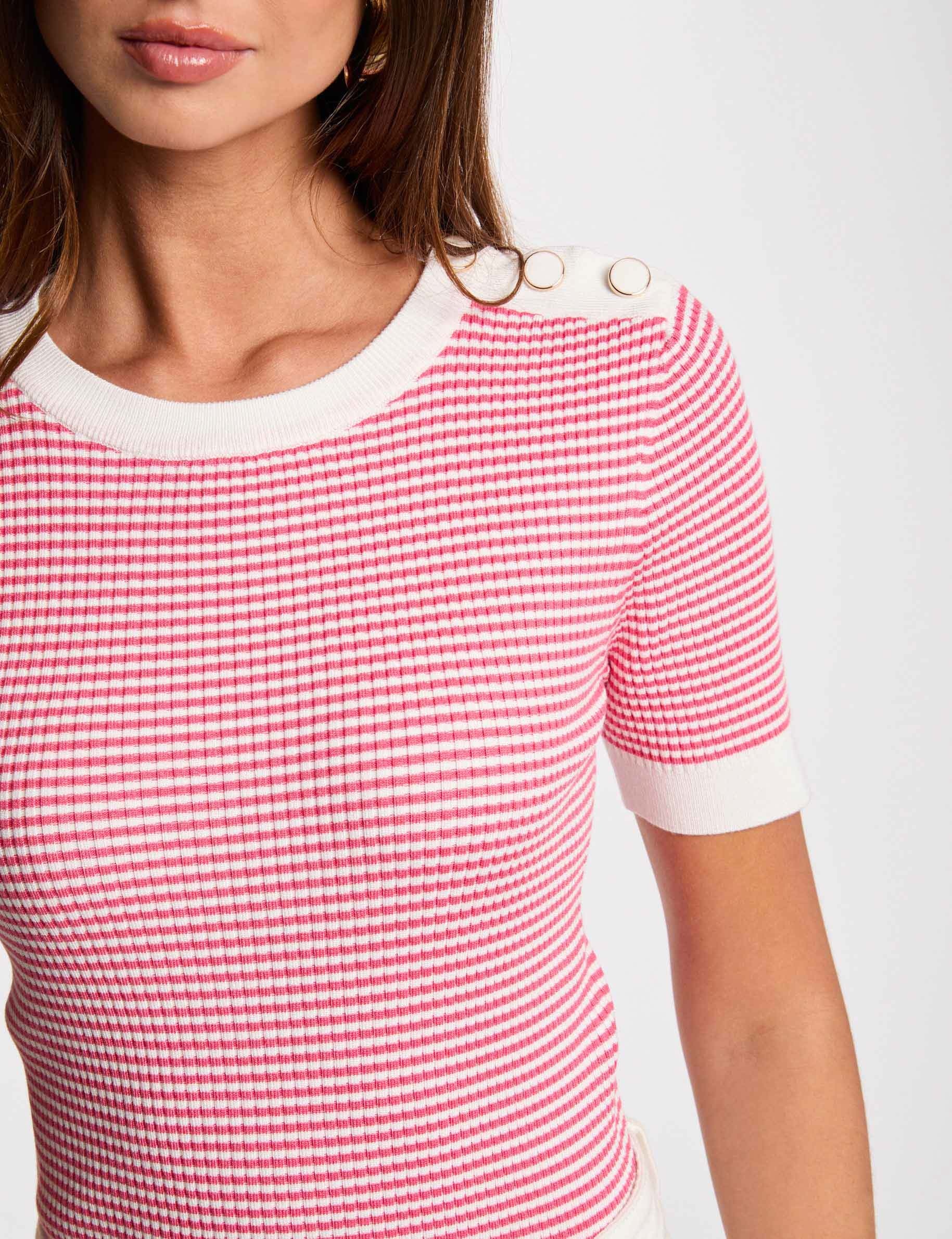 Pull col rond rayé rose fushia femme