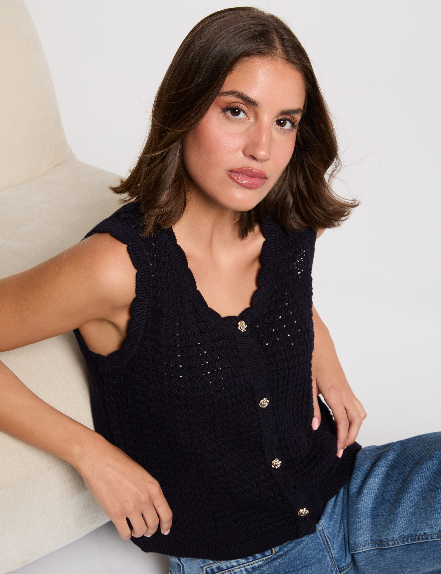 Sleeveless openwork cardigan navy blue women