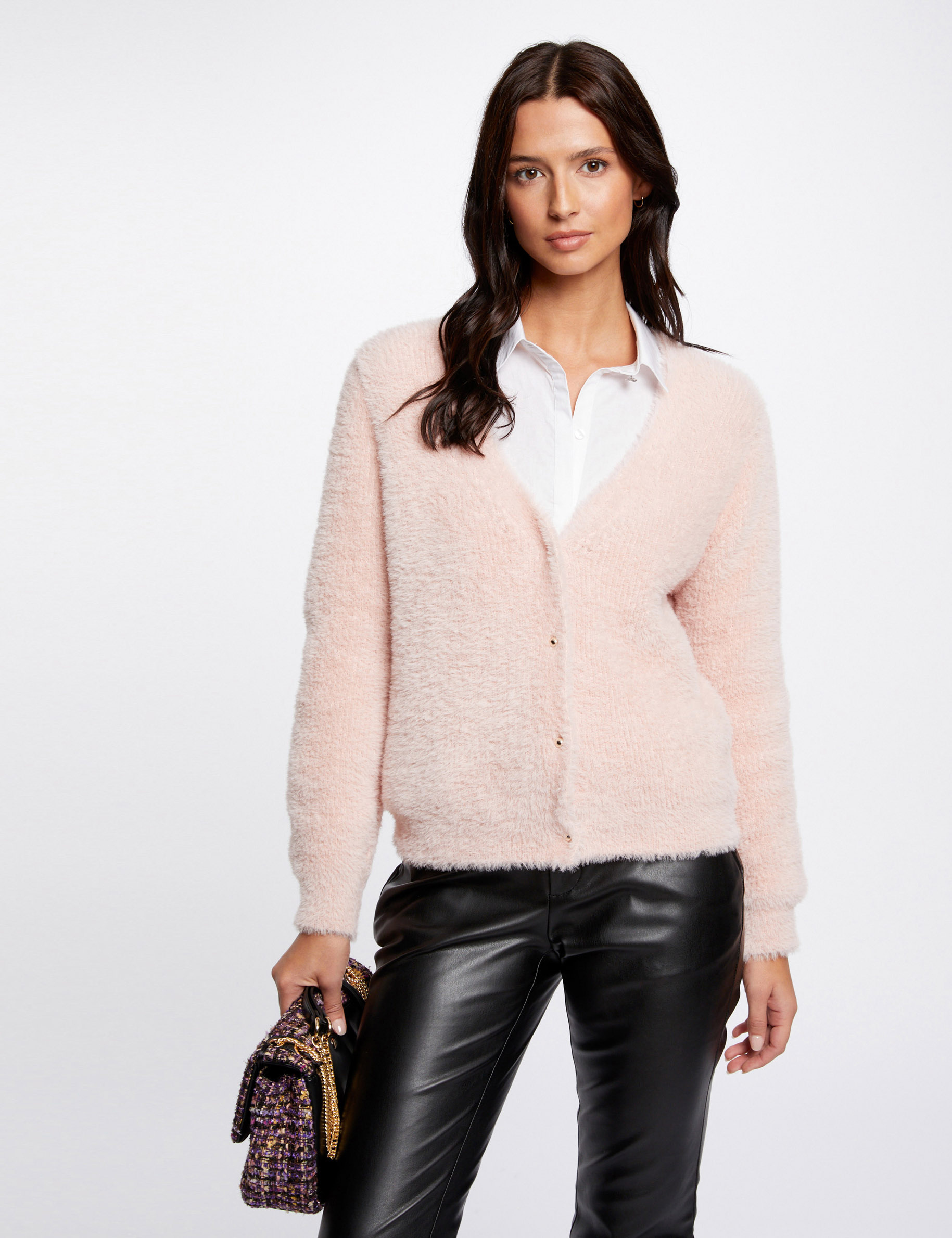 Long-sleeved cardigan with V-neck pink ladies'