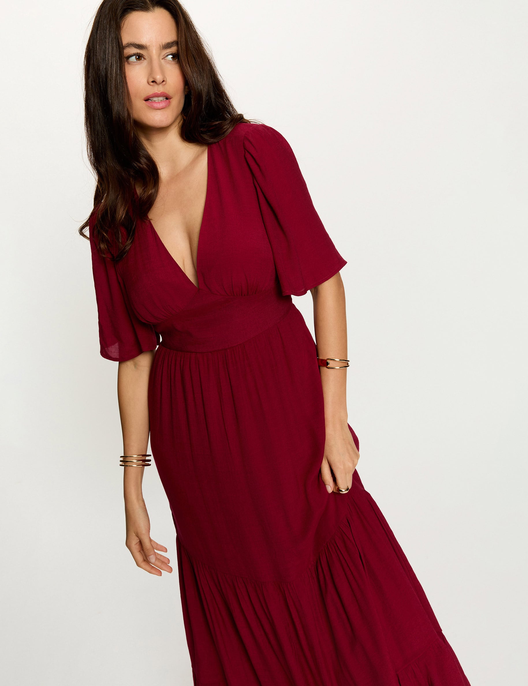 Long dress with V-neck bordeaux women