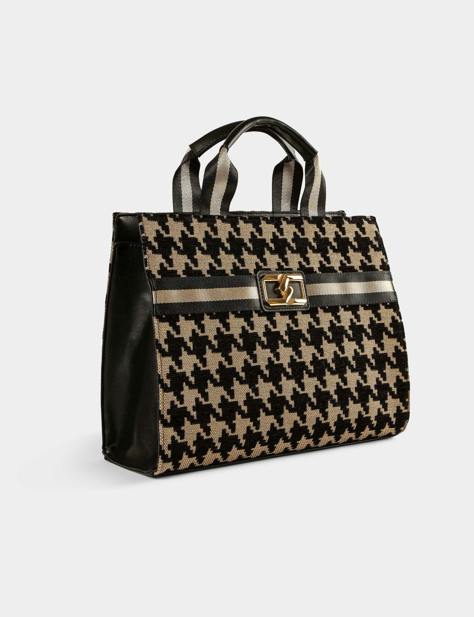 Tote bag with houndstooth print chestnut brown ladies'