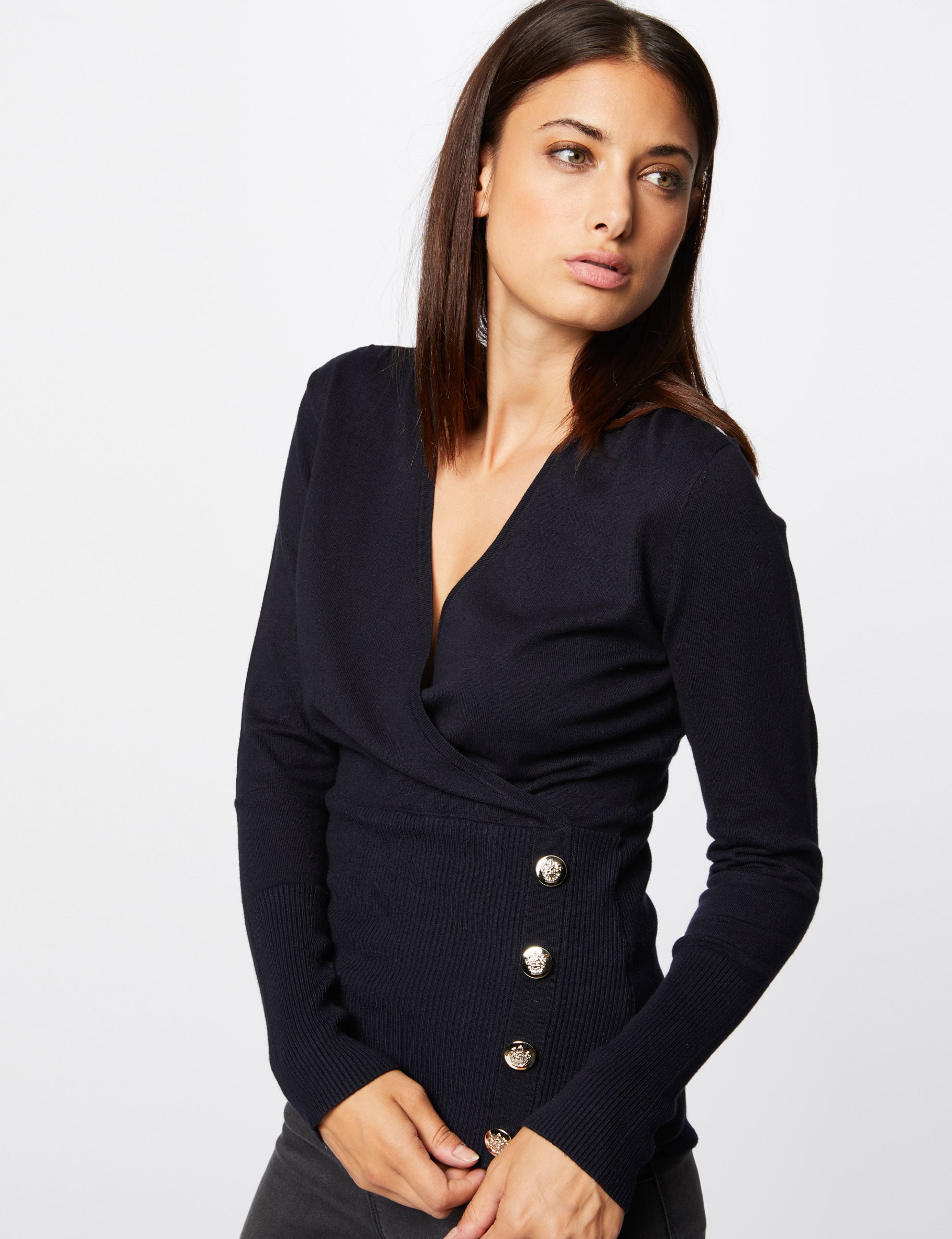 Long-sleeved jumper wrap-over neckline navy blue women