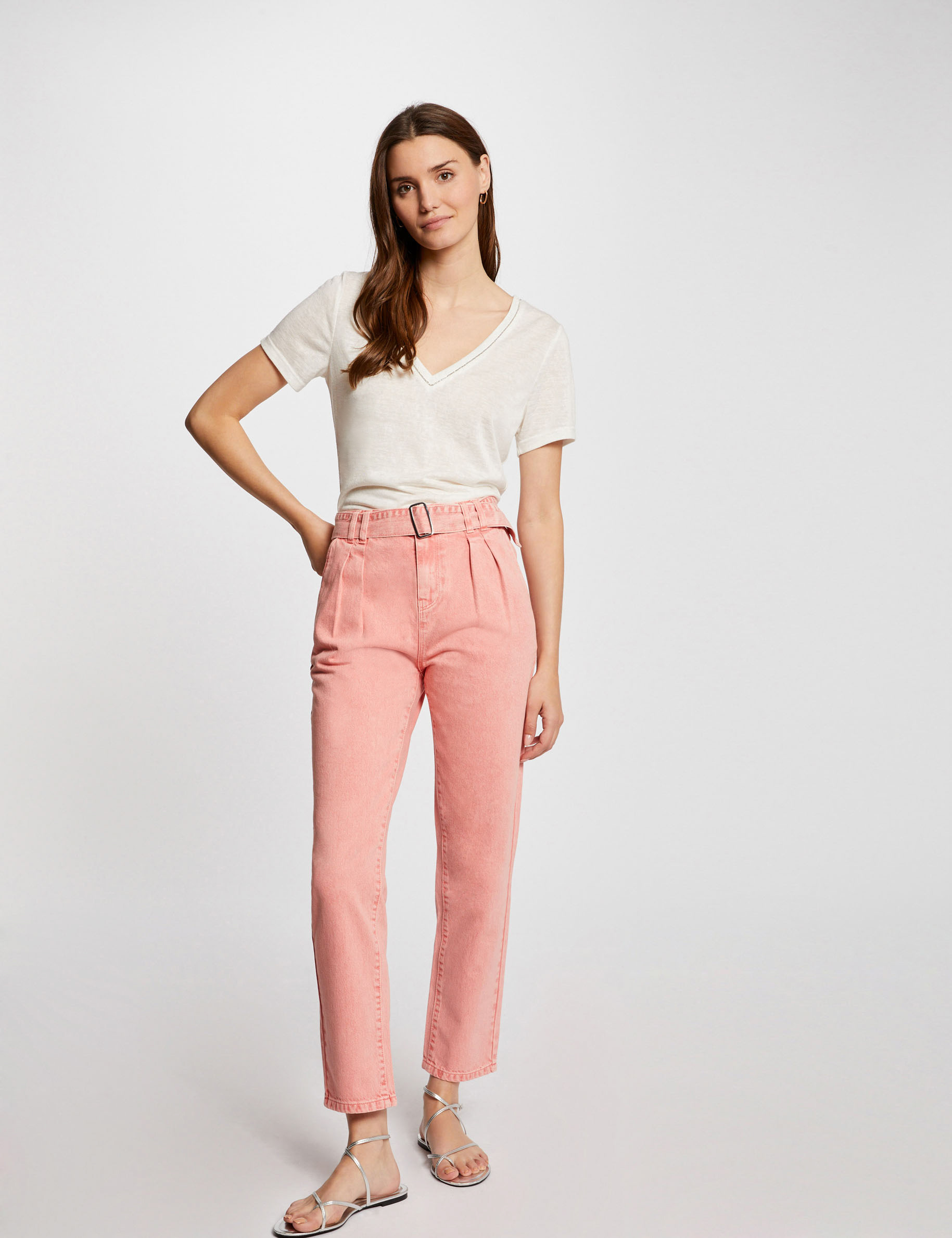 Cropped straight belted jeans coral ladies'