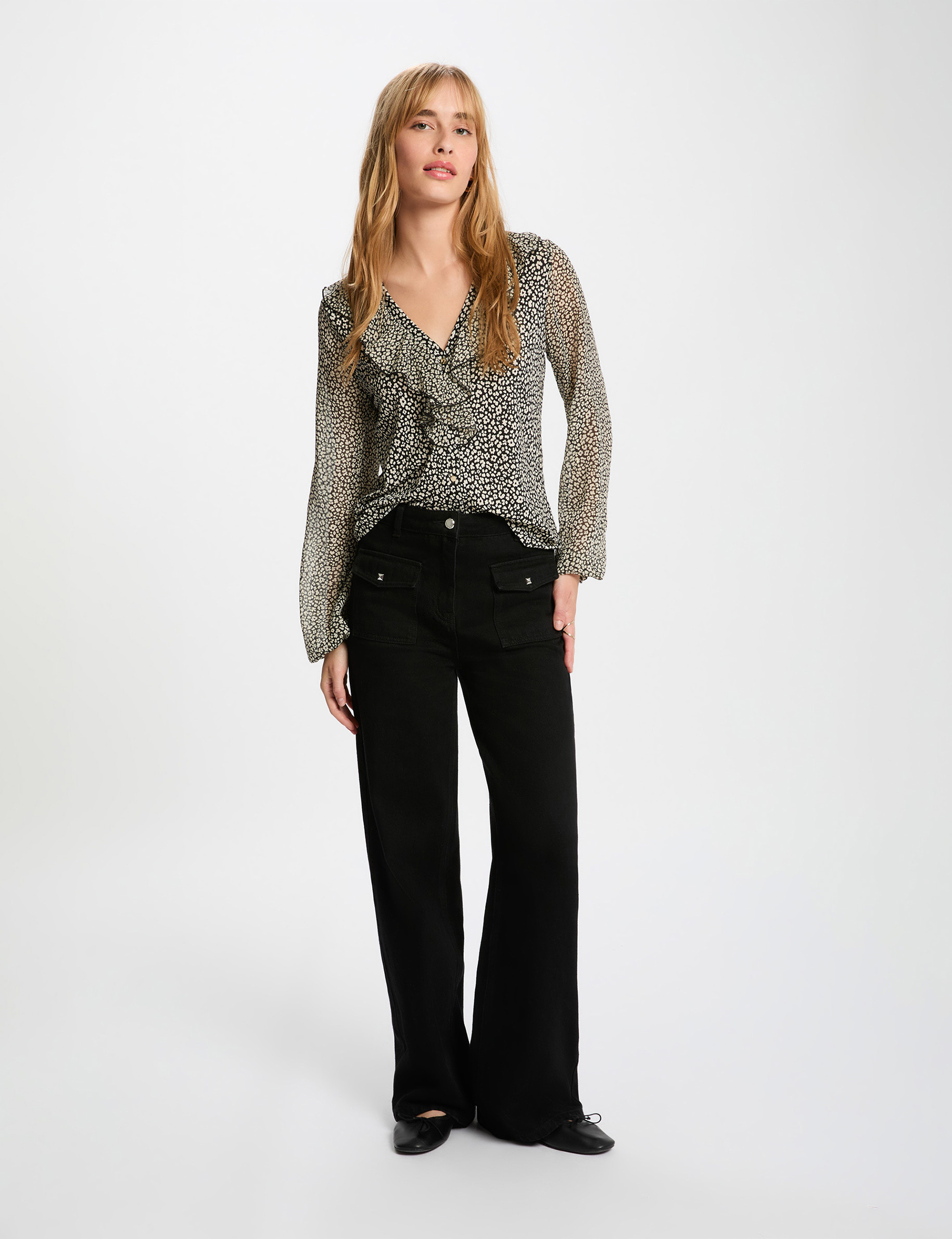 V-neck long-sleeve top black women