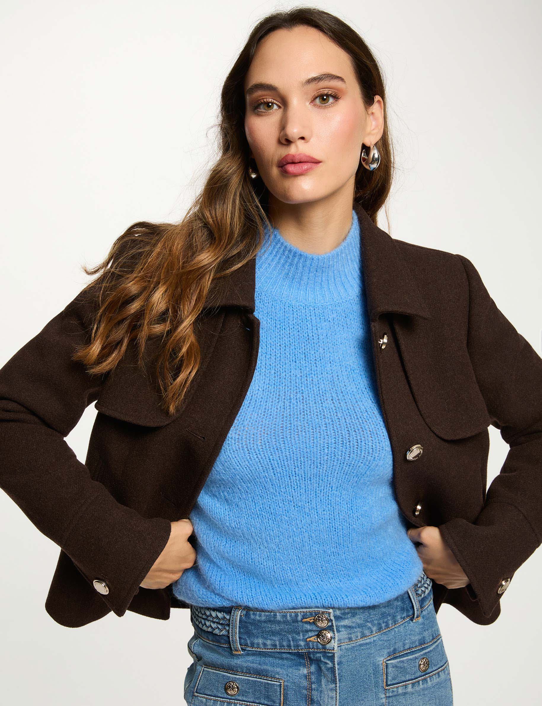 short buttoned coat dark brown women Short buttoned coat dark brown women