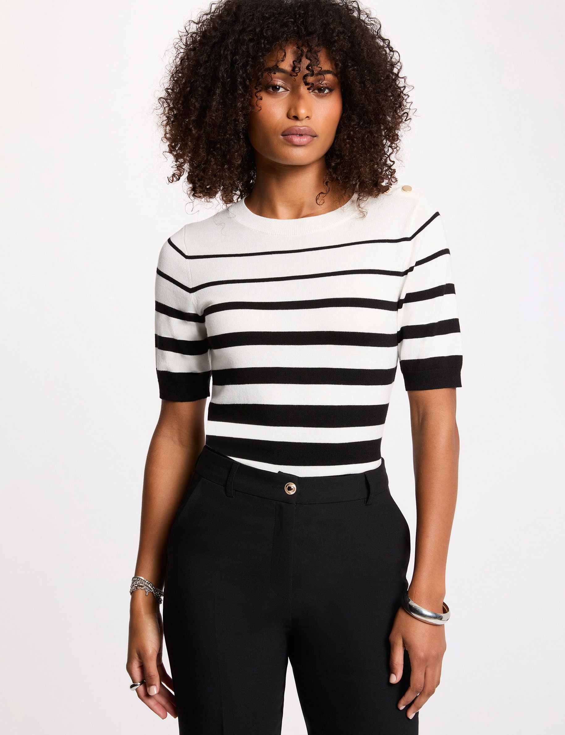 Striped short-sleeve sweater white women