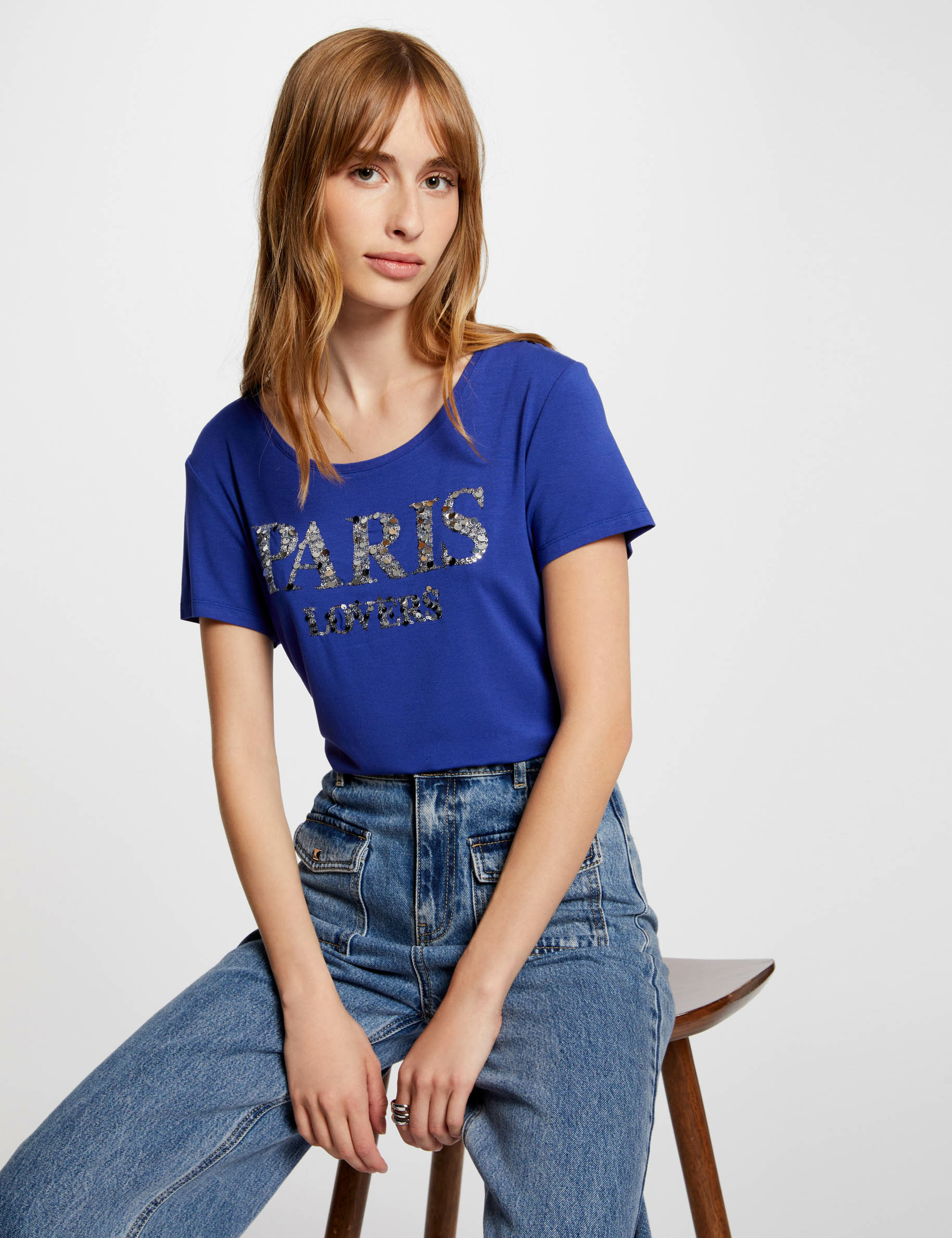 T shirt message and sequins electric blue women Morgan
