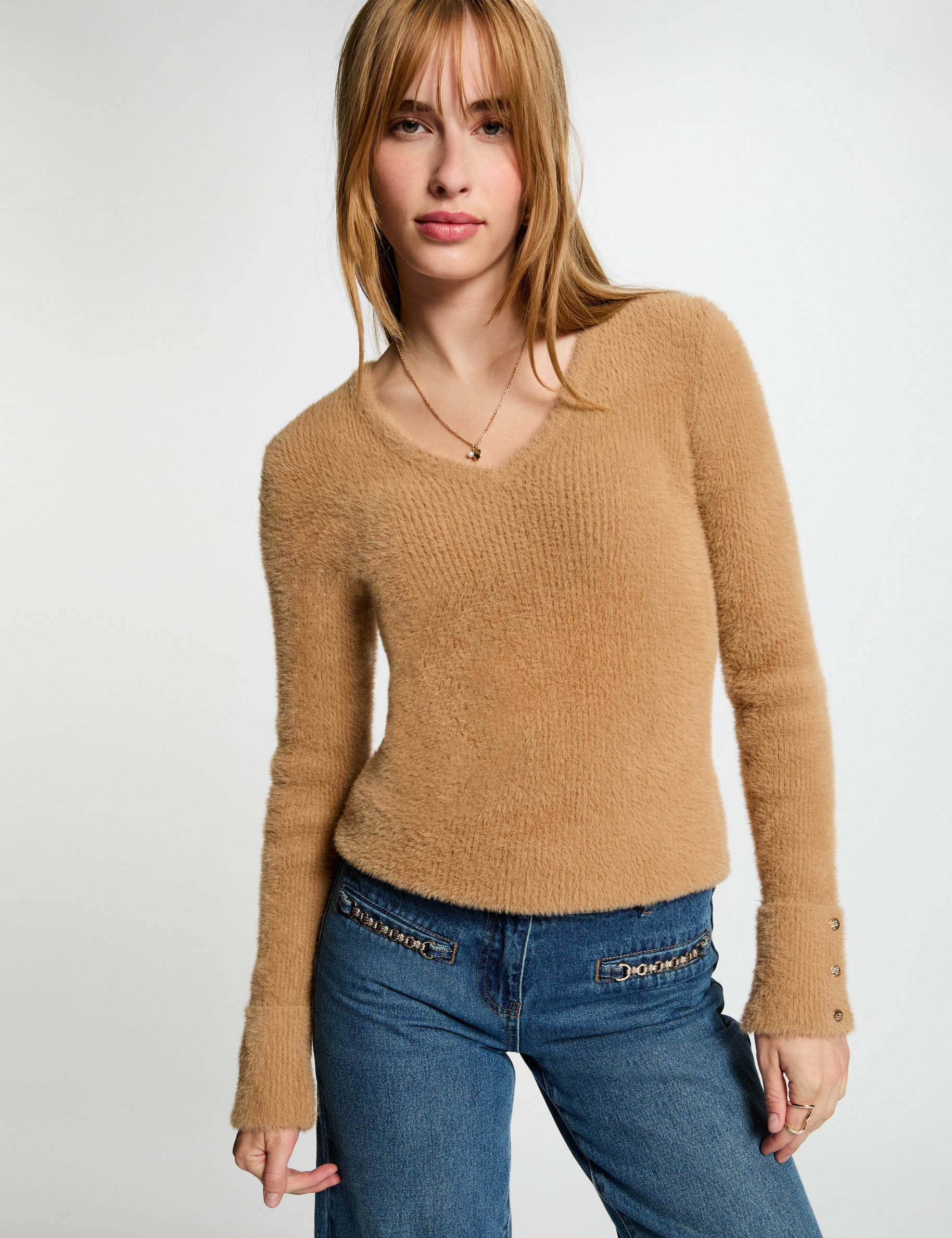 long sleeved jumper with fluffy knit camel women Long-sleeved jumper with fluffy knit camel women