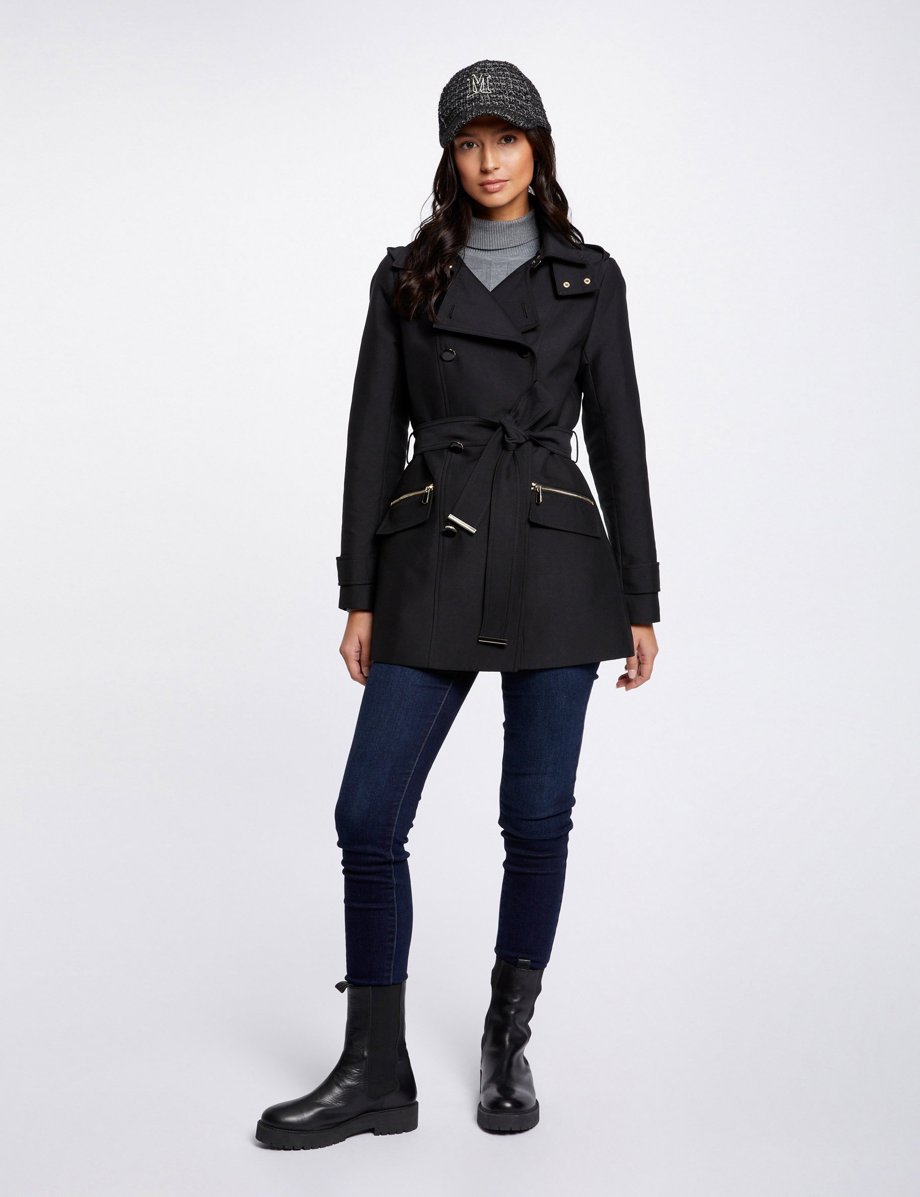 trench cintre ceinture a capuche noir femme Trench cintré ceinturé à capuche noir femme