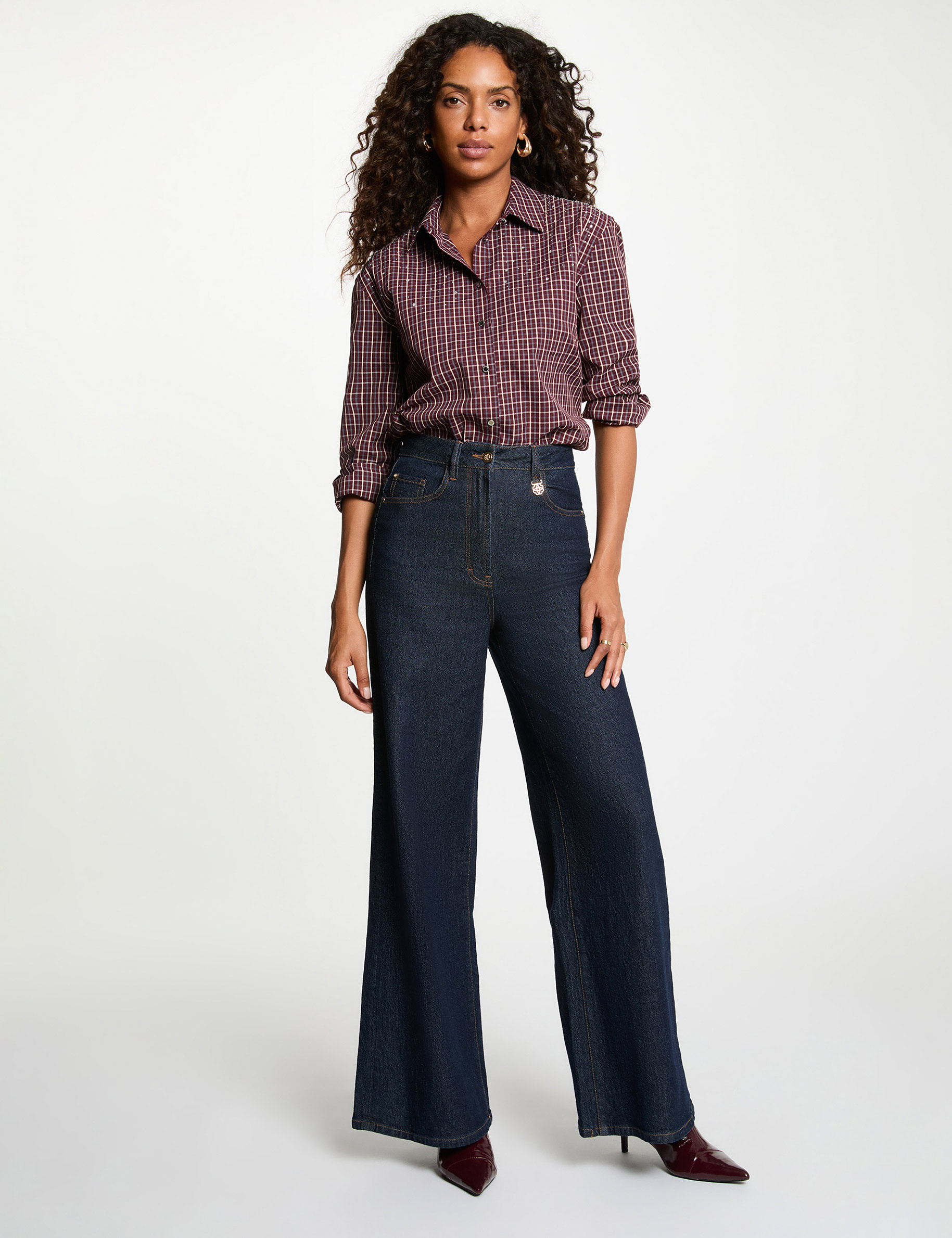 Checked shirt with rhinestones bordeaux women