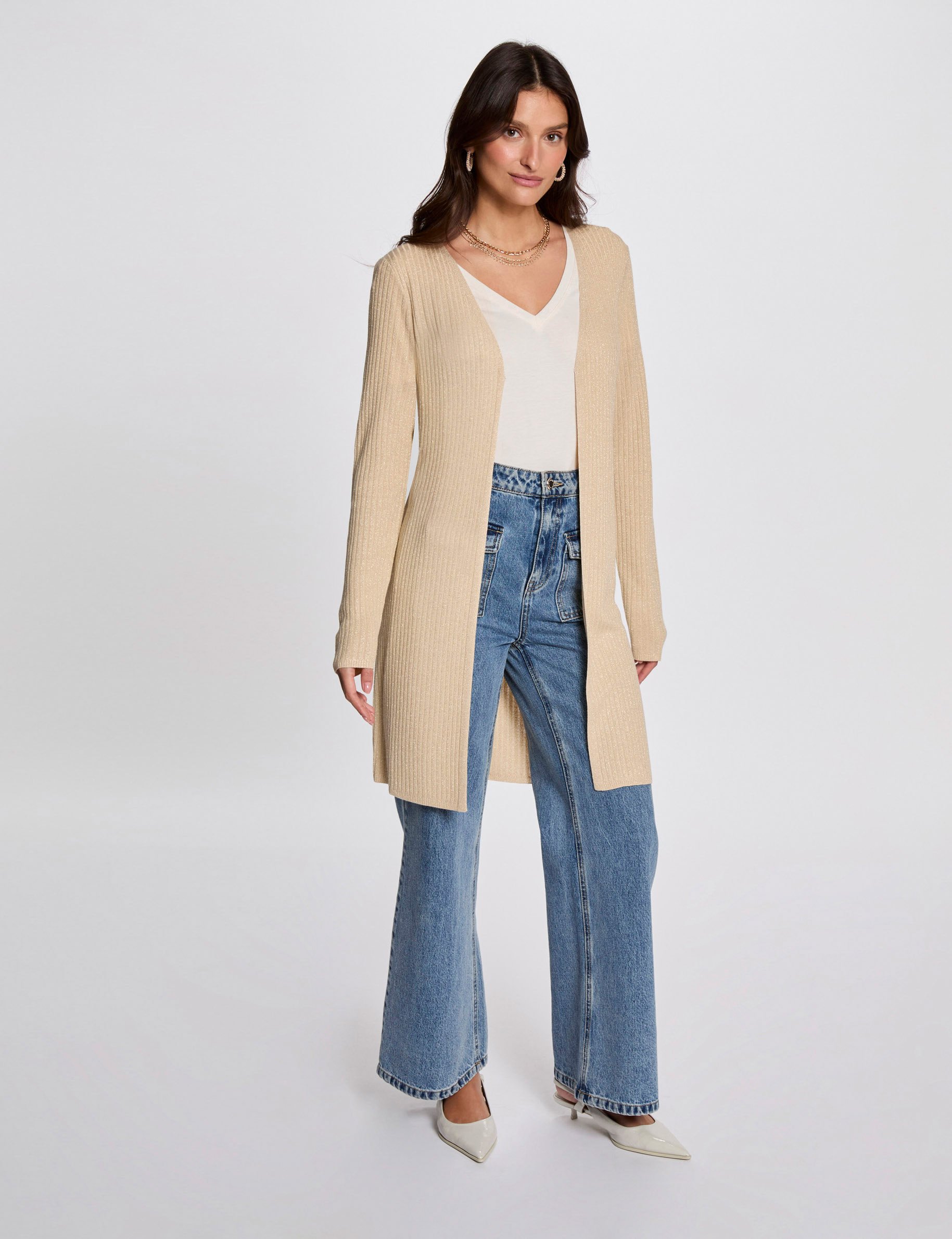 gilet long col en v jaune or femme Gilet long col en V jaune or femme