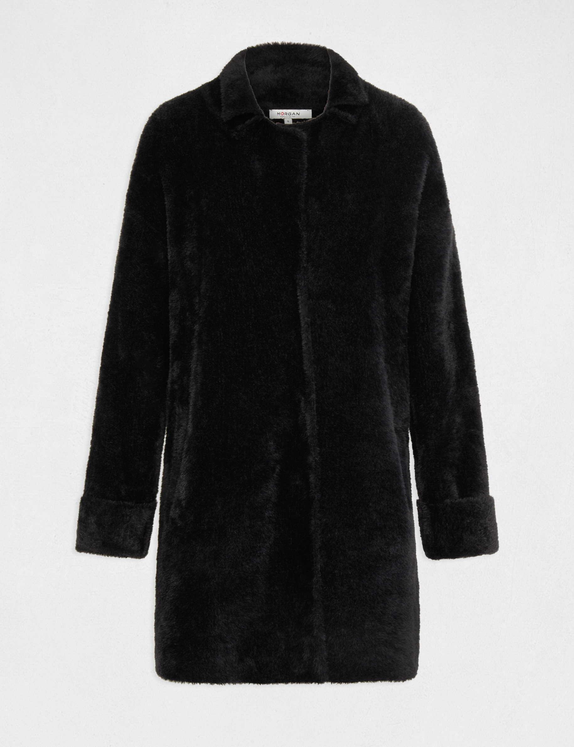 Long straight cardigan fluffy knit black ladies'