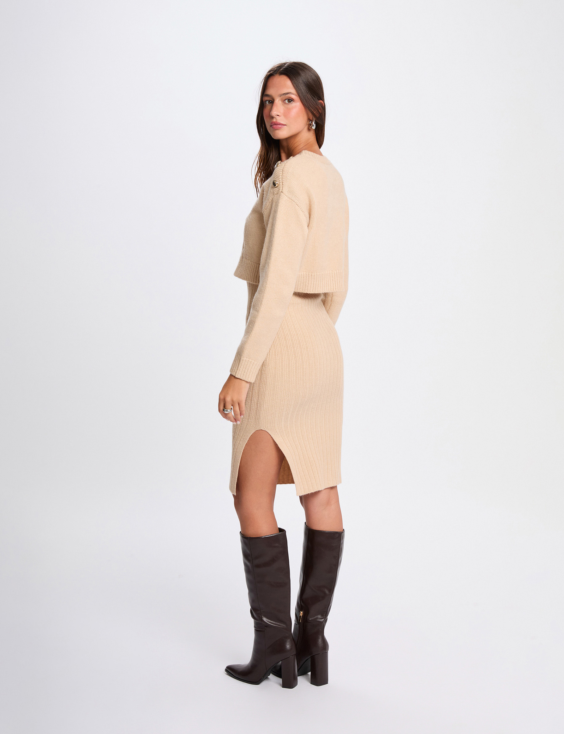 Fitted 2 in 1 knitted dress beige women