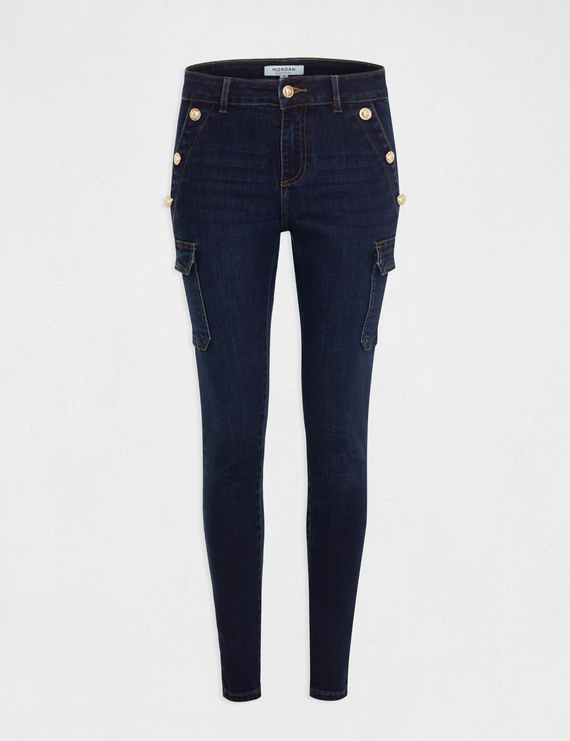 Skinny cargo trousers with buttons raw denim ladies'
