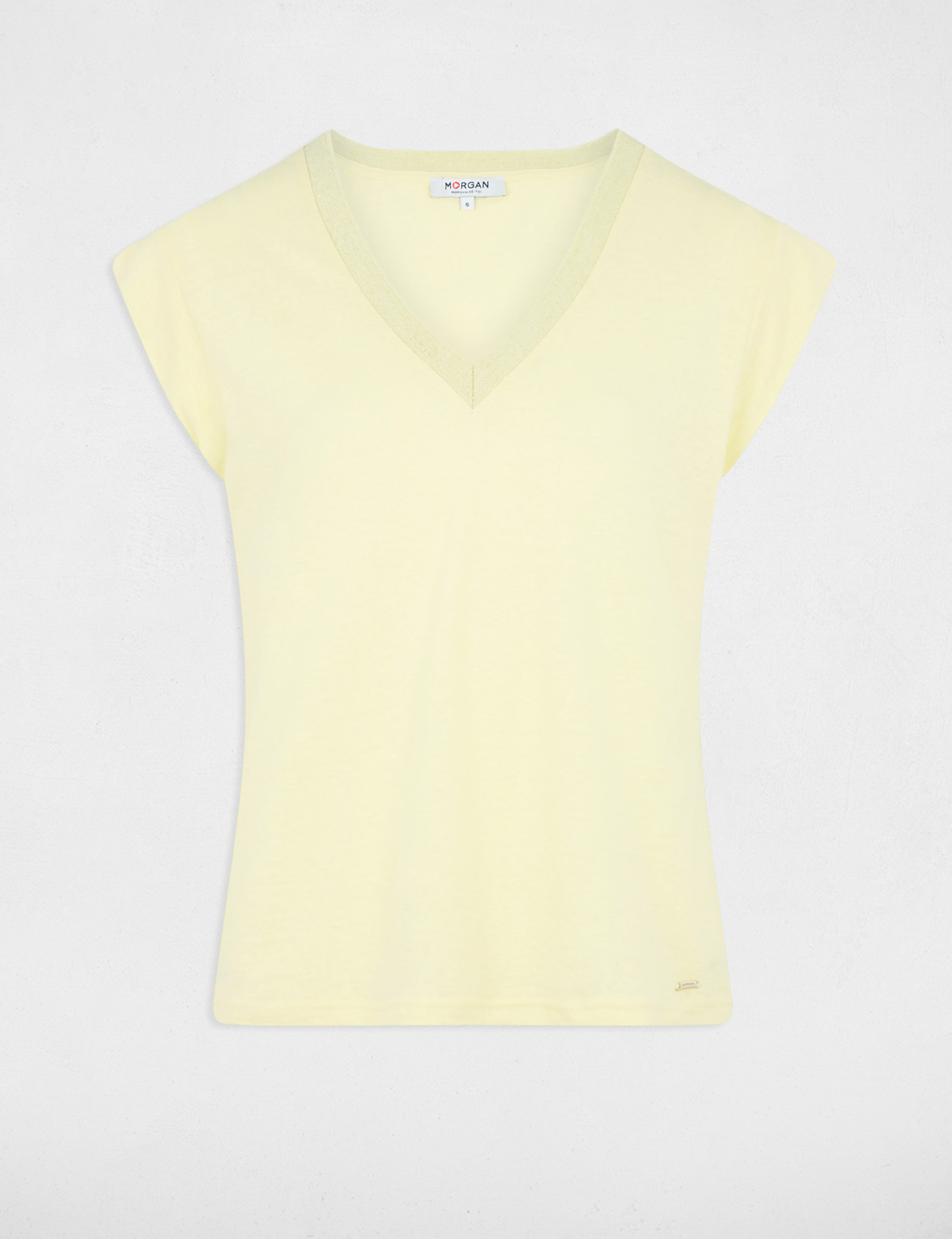 Short-sleeved t-shirt with V-neck light yellow ladies'