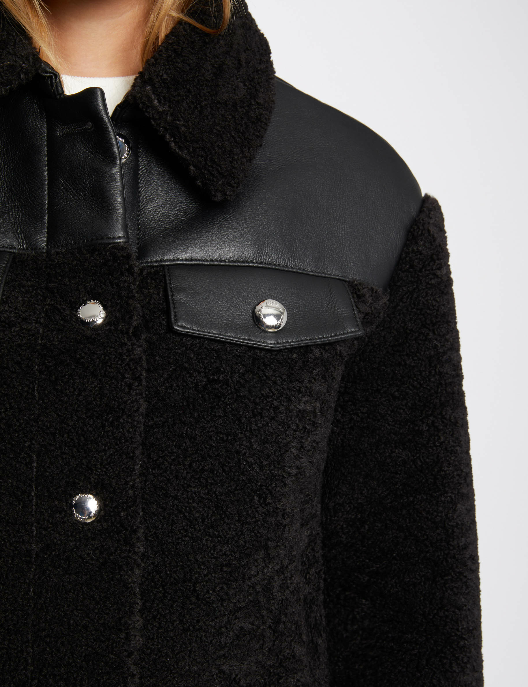 coat faux leather details black women Coat faux leather details black women