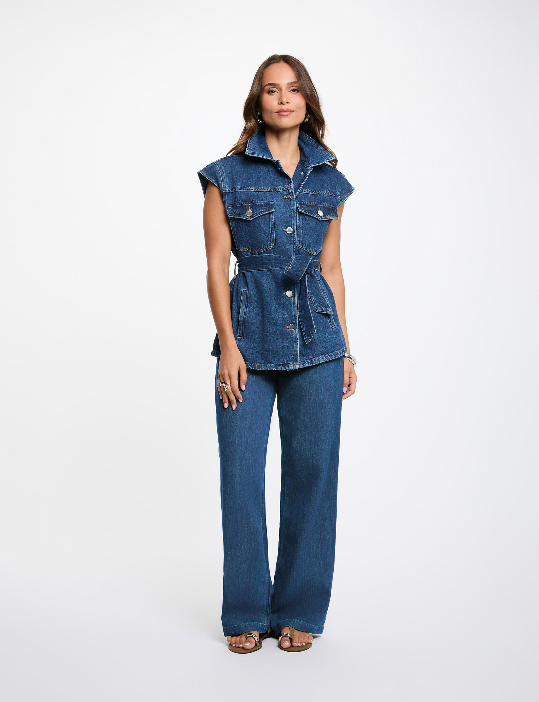 Sleeveless denim jacket raw denim women