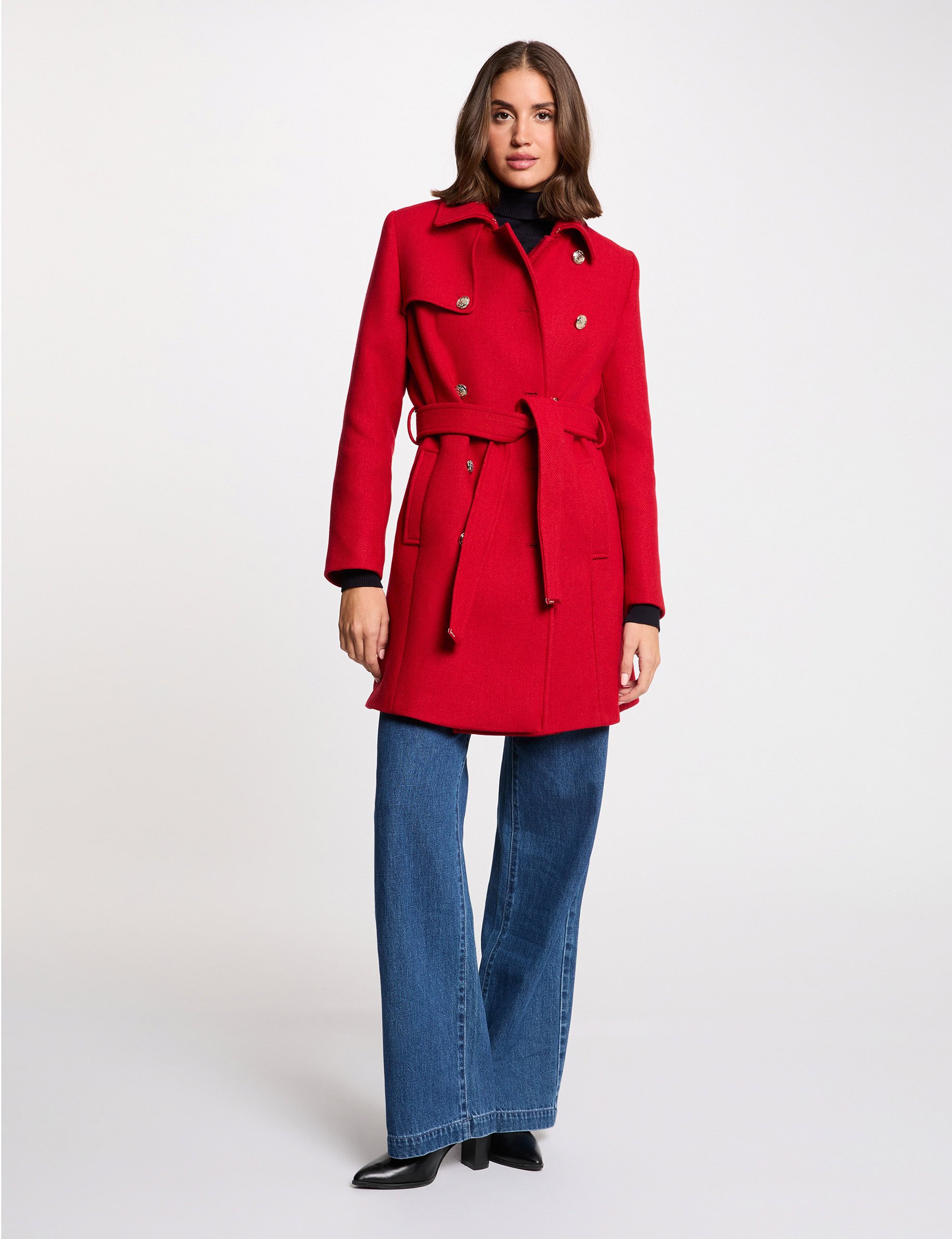 Belted long coat red women