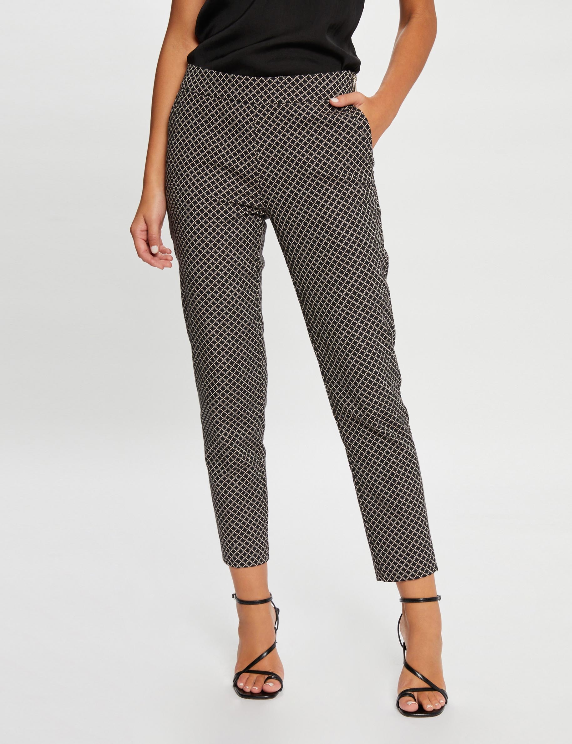 Printed cropped cigarette trousers black ladies'