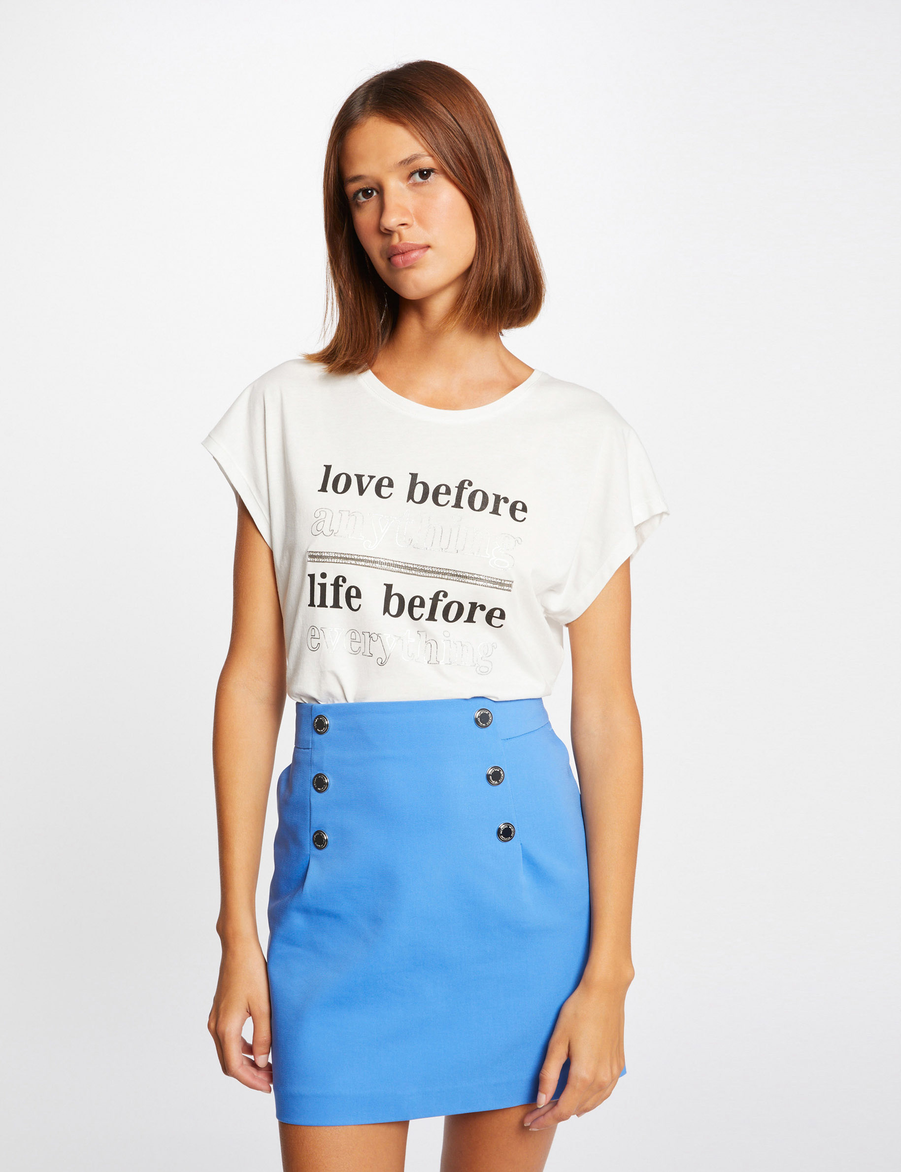 High-waisted straight skirt with buttons blue ladies'