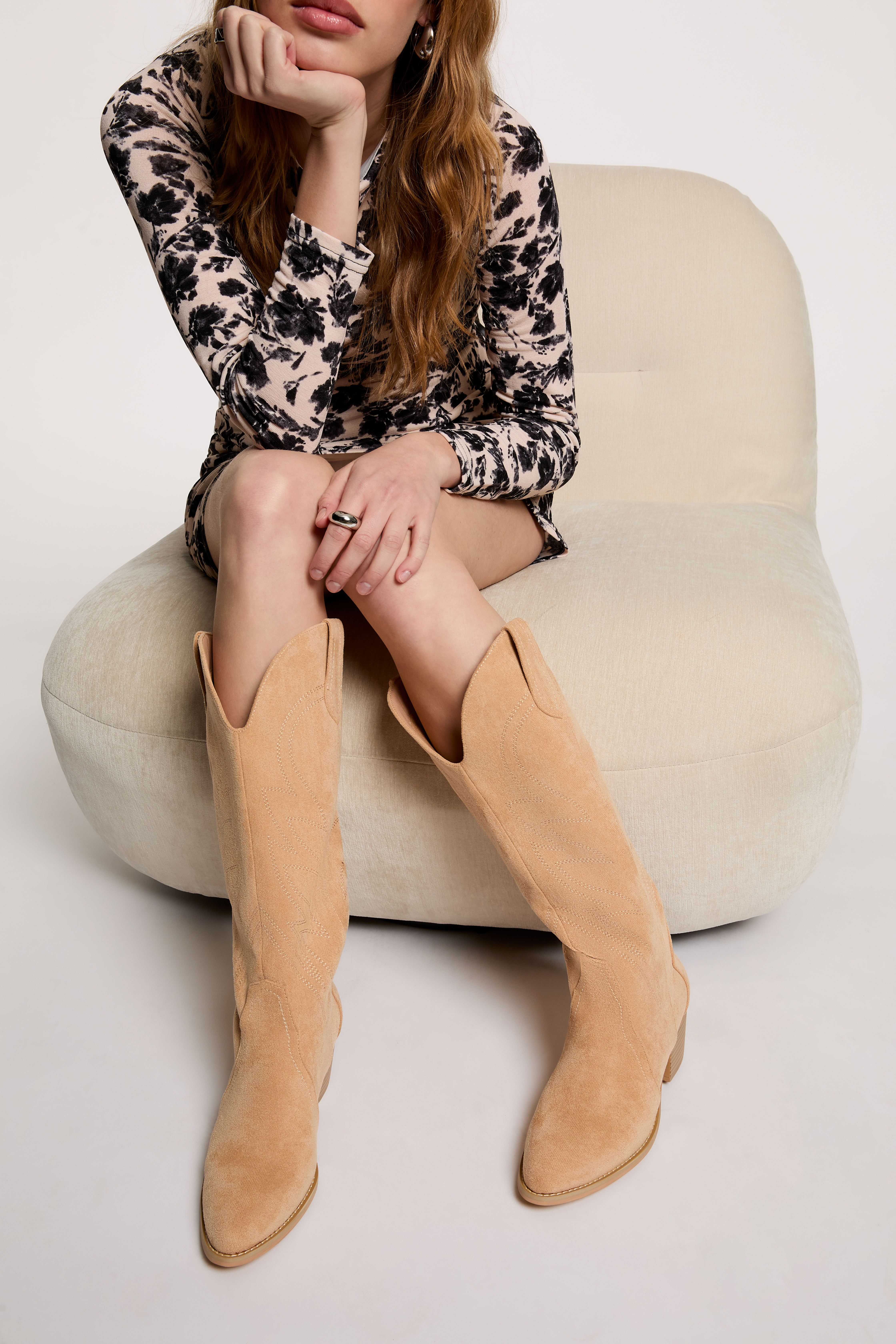 Suede western boots beige women