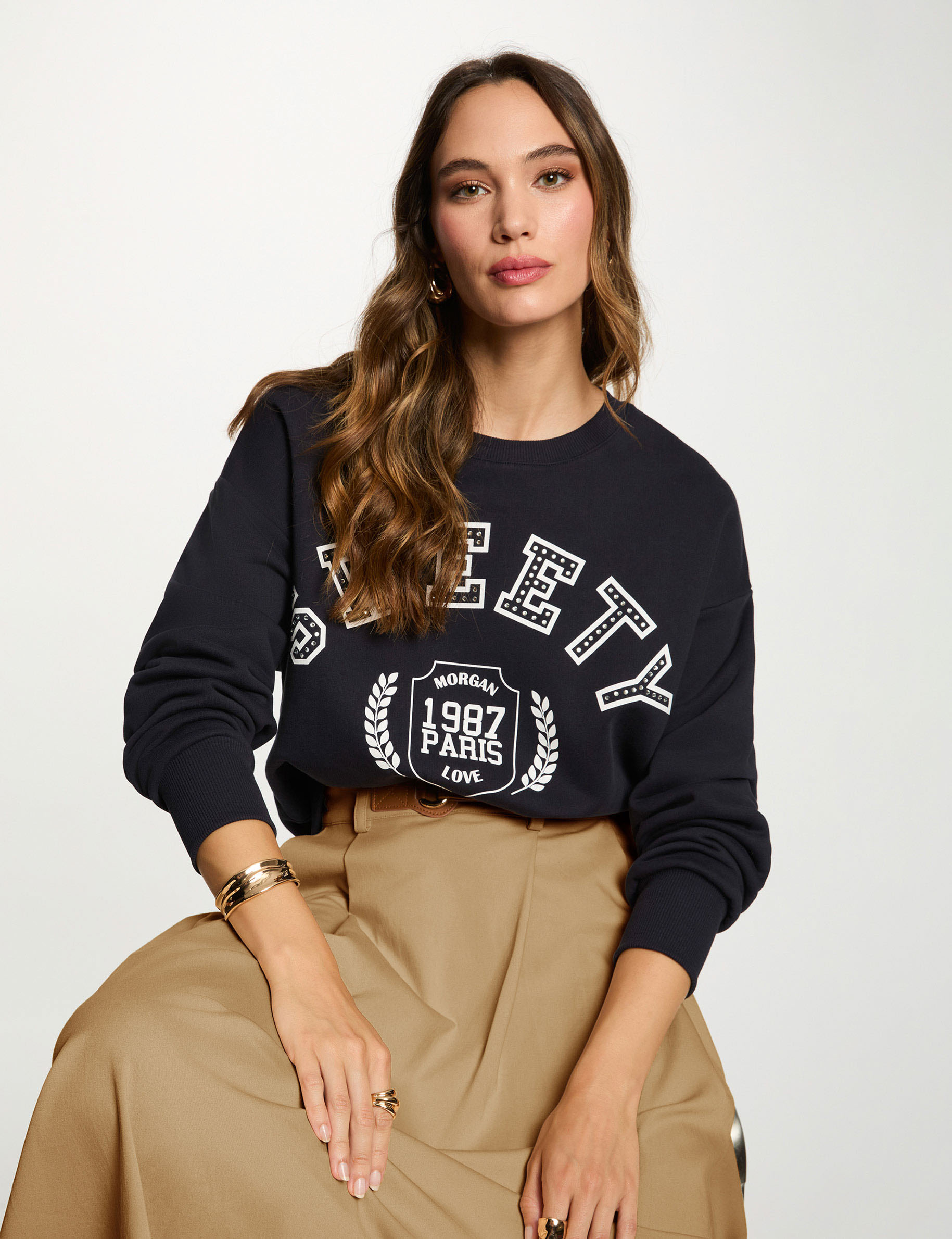 Printed crew neck sweater navy blue women